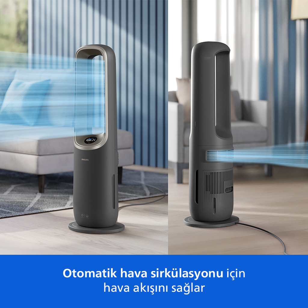 Oturma odasında, hava akışı gösterilen iki şık, koyu renkli kule tipi vantilatör.