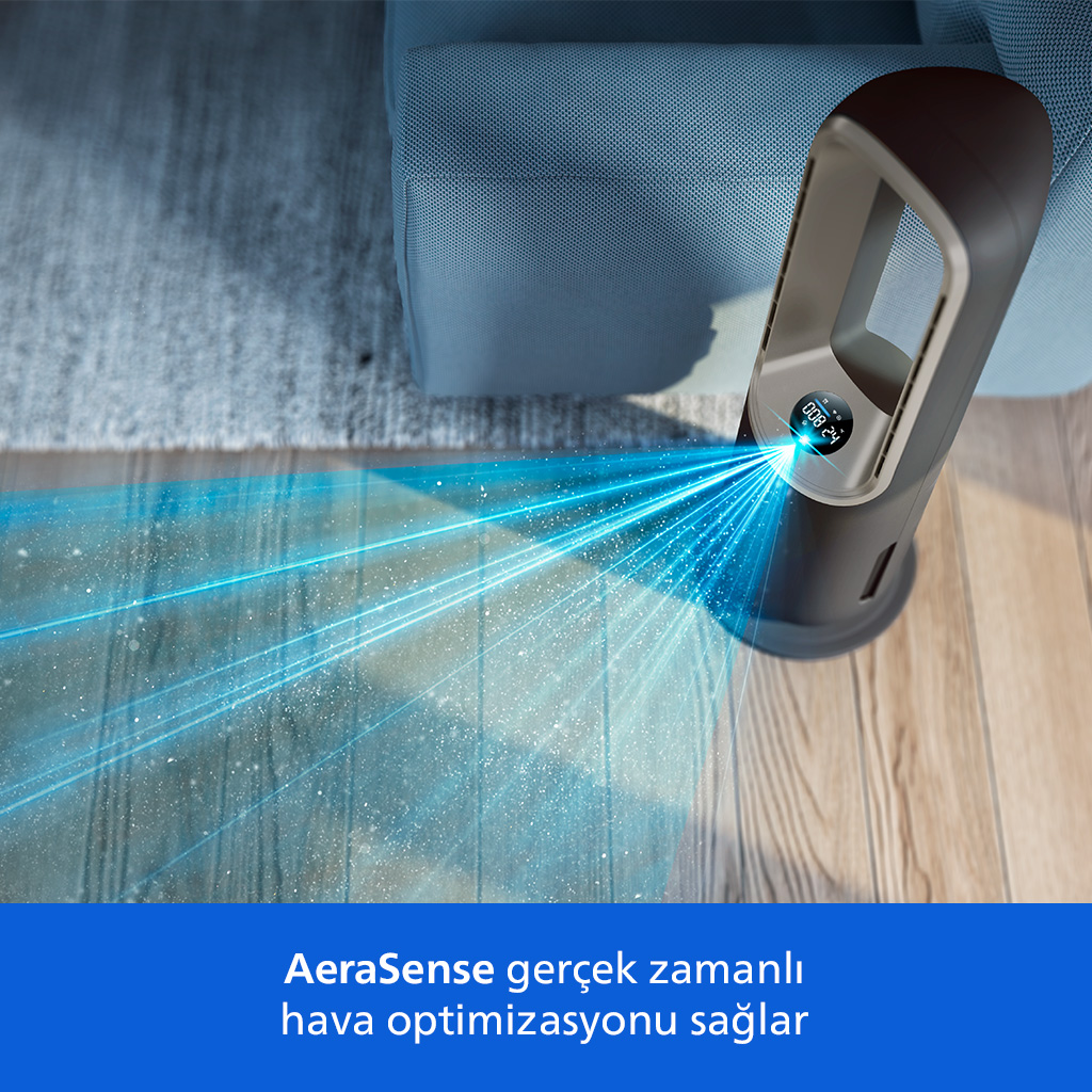Modern bir kule vantilatör, mavi hava akımlarını yere püskürtüyor.