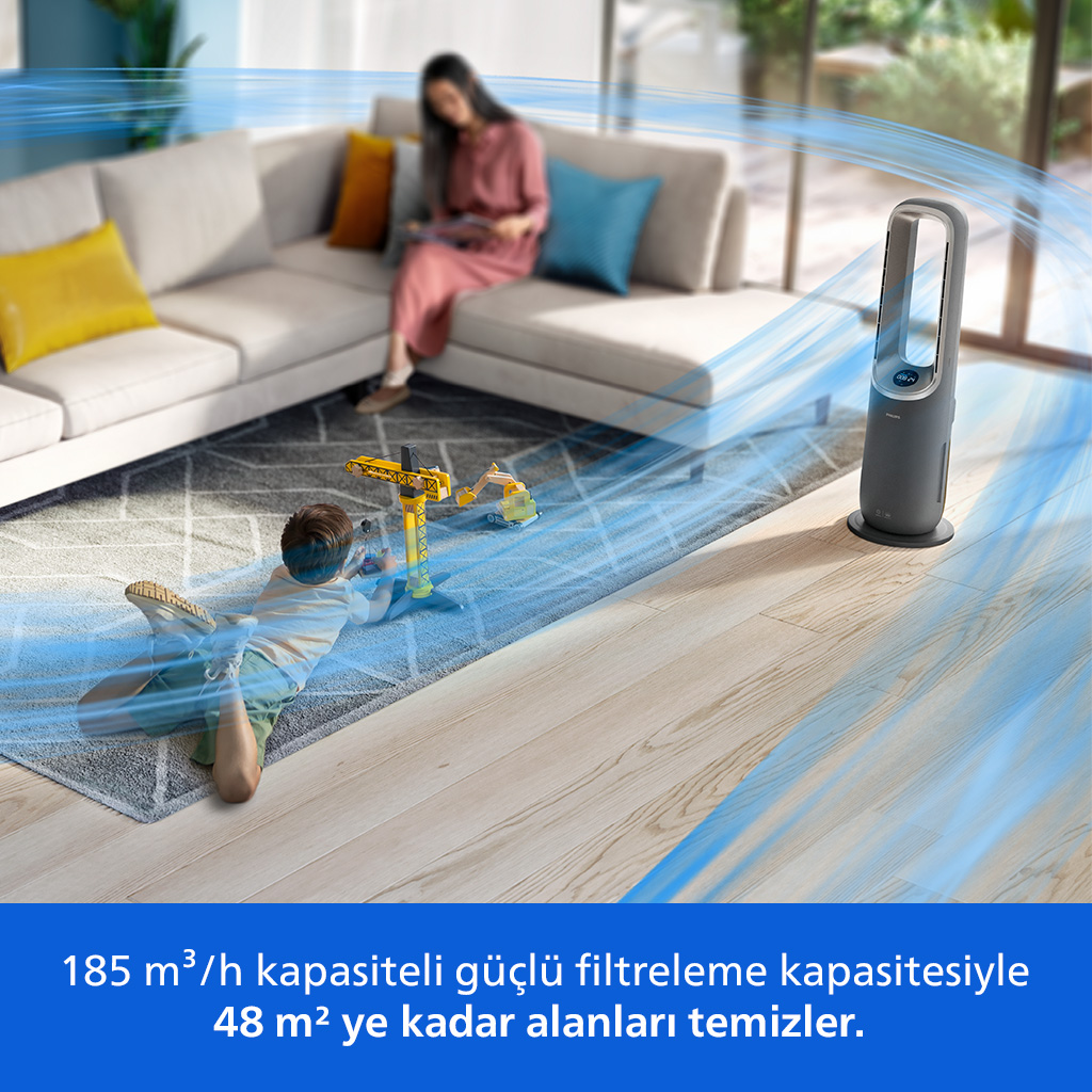 Bir çocuk halıda oyuncak vinçlerle oynarken bir kadın koltukta oturuyor. Sağda bir vantilatör var.