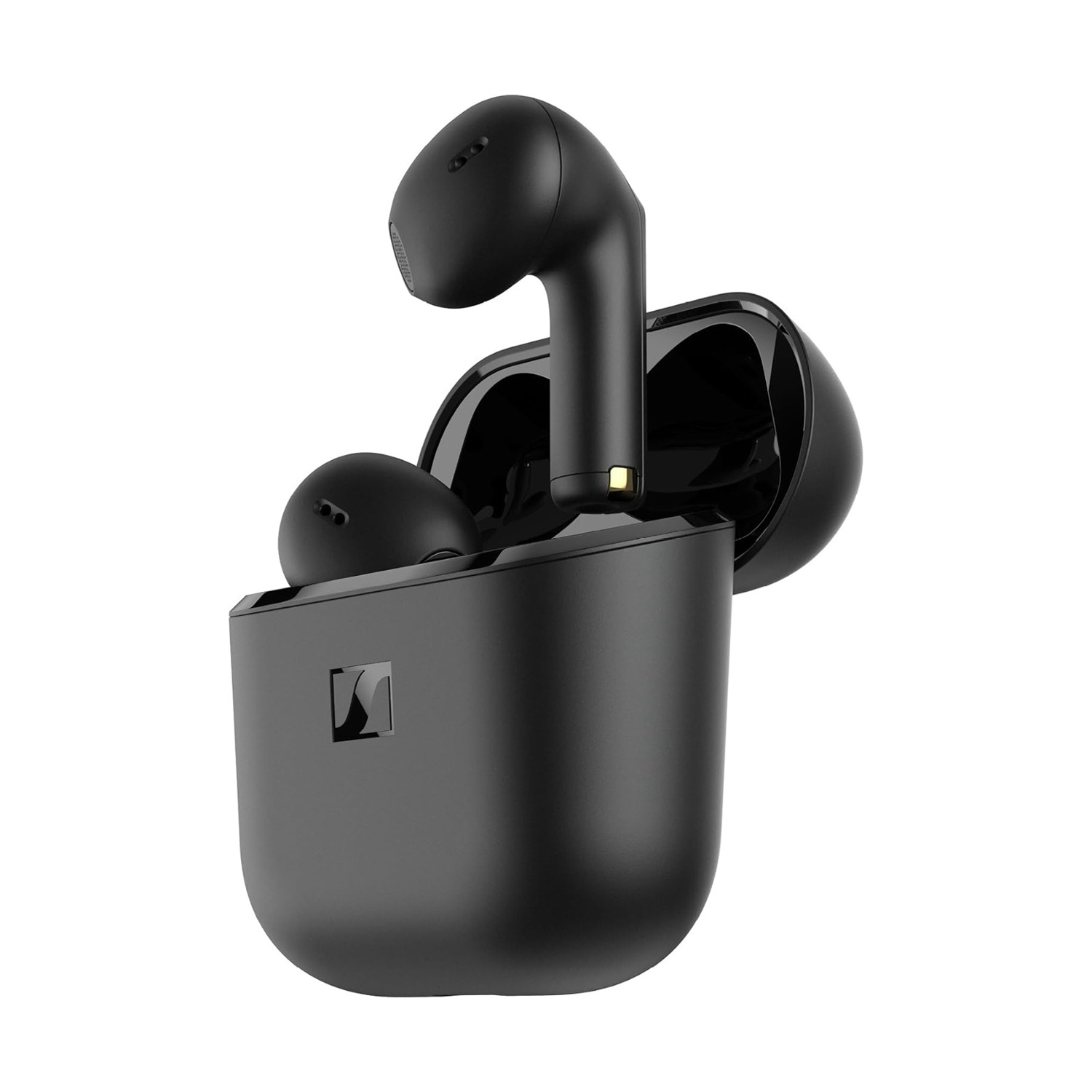 Auricolari wireless neri in una custodia di ricarica aperta, con logo.