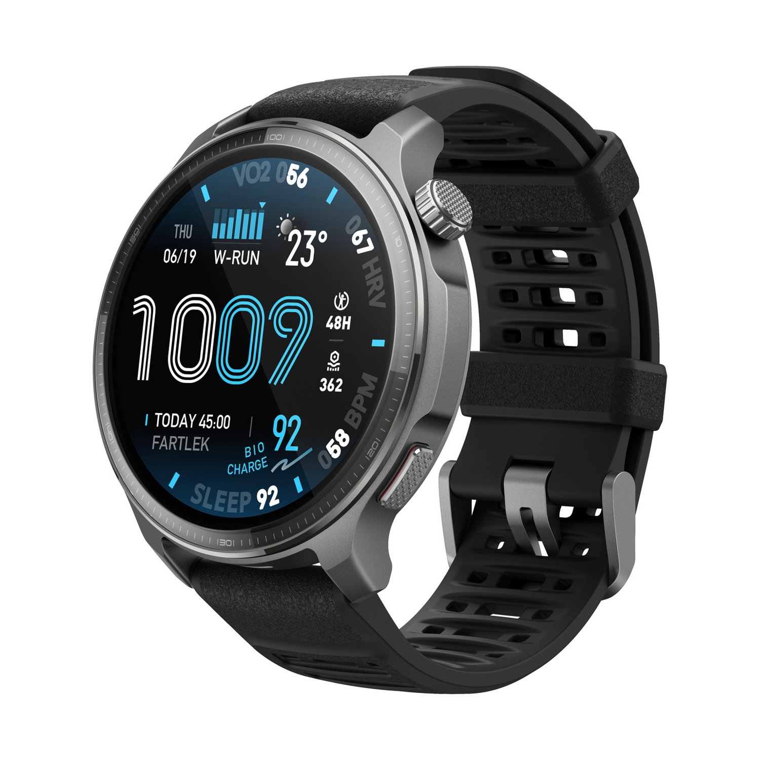 Smartwatch grigio con cinturino nero e display blu che mostra 23°C.