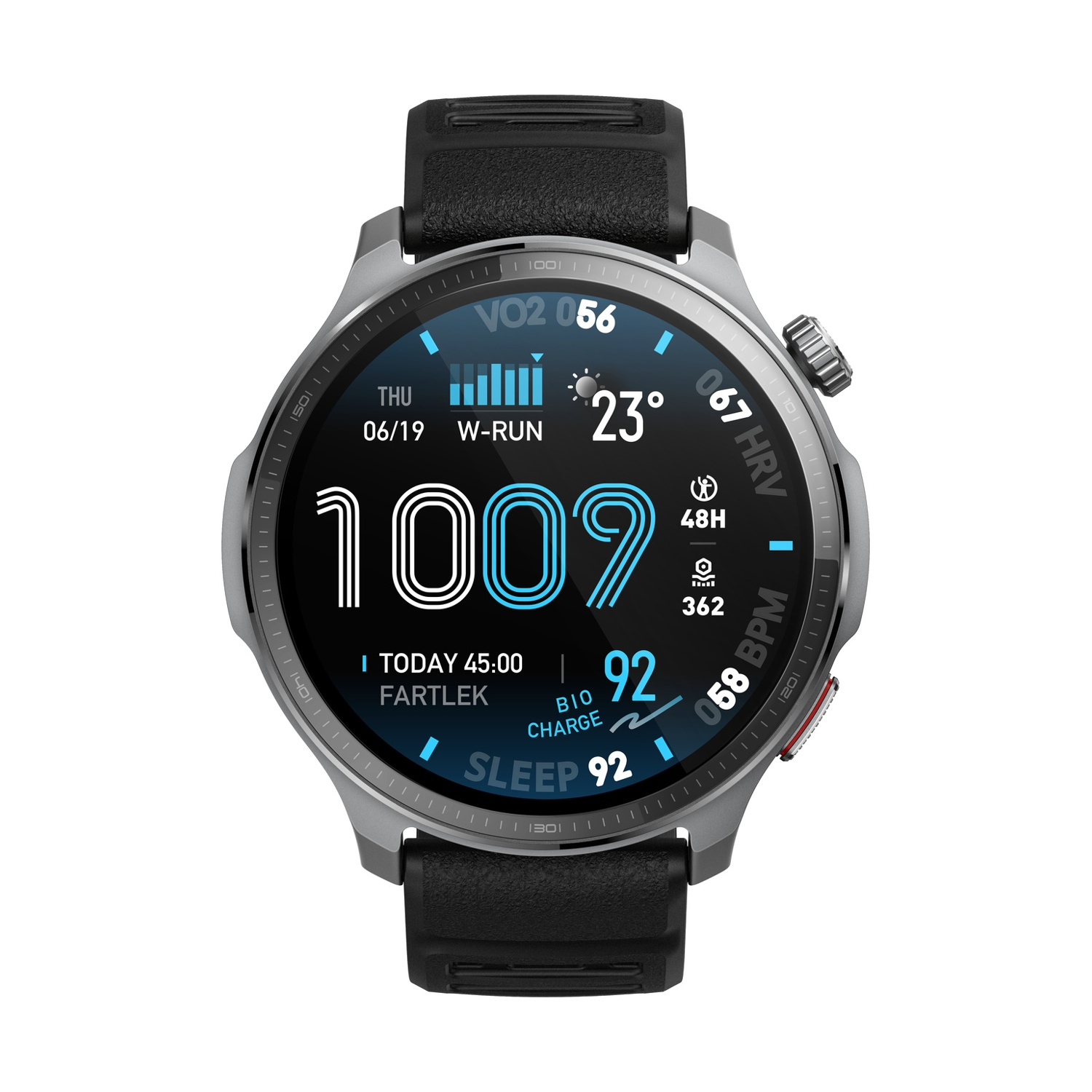 Smartwatch mostra: VO2 56, 23°, 1009 passi, Fartlek 45 min, sonno 92, bio carica 92.