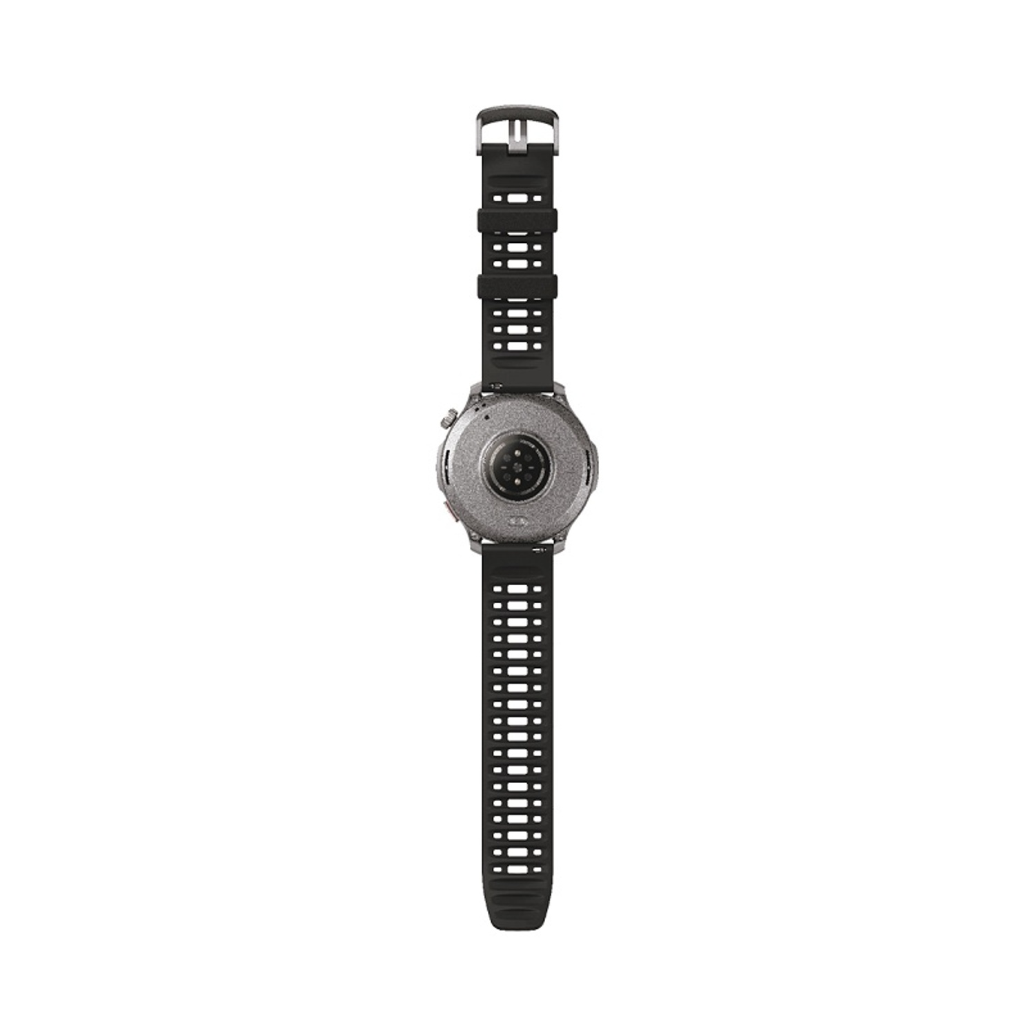 Vista posteriore di uno smartwatch nero con cinturino in gomma e fibbia metallica.