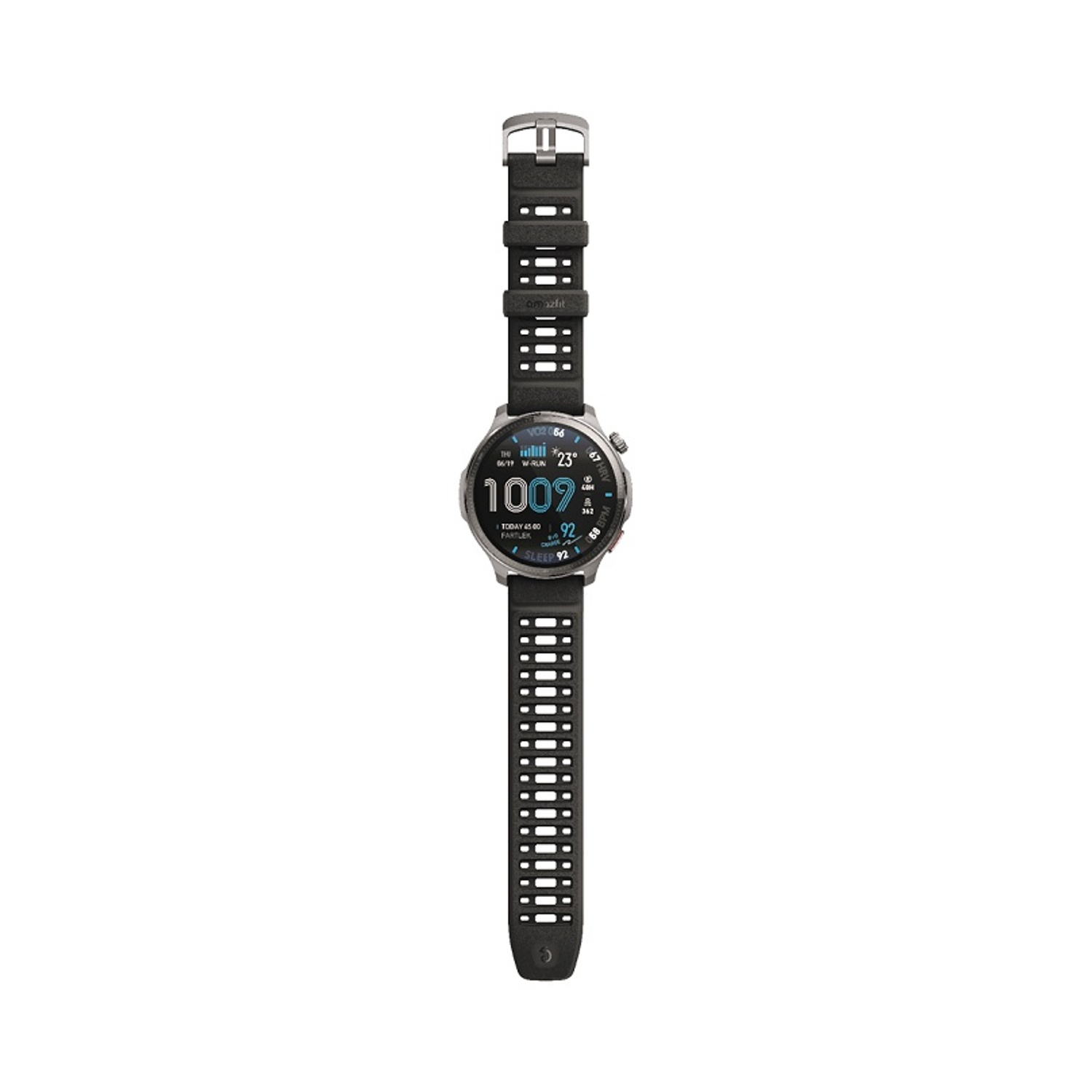 Uno smartwatch verde con cinturino nero e display digitale.
