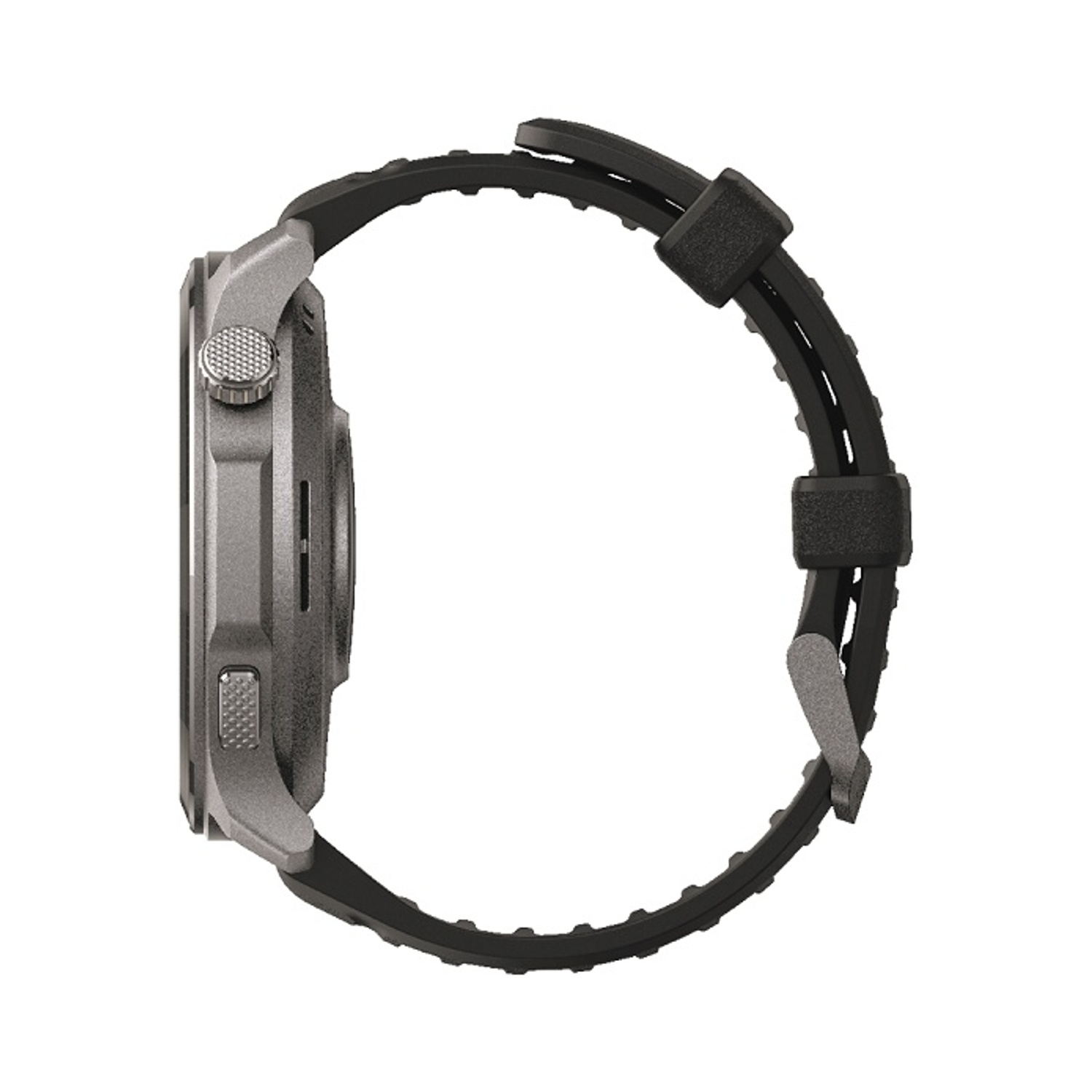 Orologio intelligente grigio con cinturino nero visto di profilo.