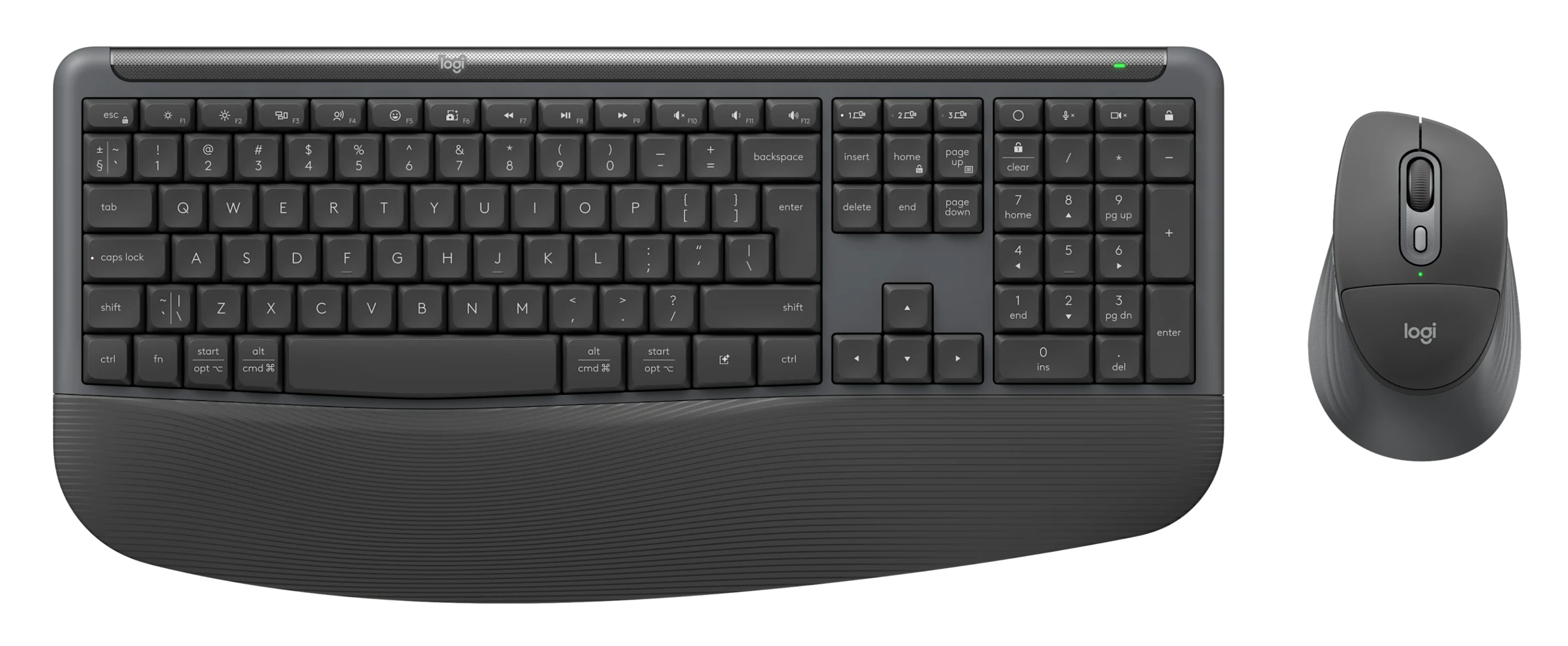 Ciemnoszara klawiatura i mysz Logitech na czarnym tle.