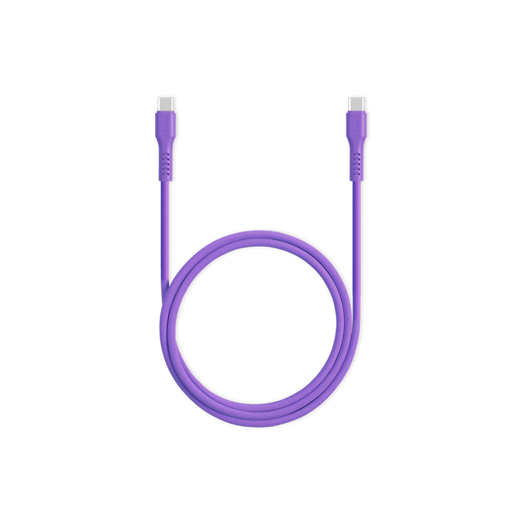 Her iki ucunda siyah konektörleri olan, ilmek şeklinde mor bir USB-C kablosu.