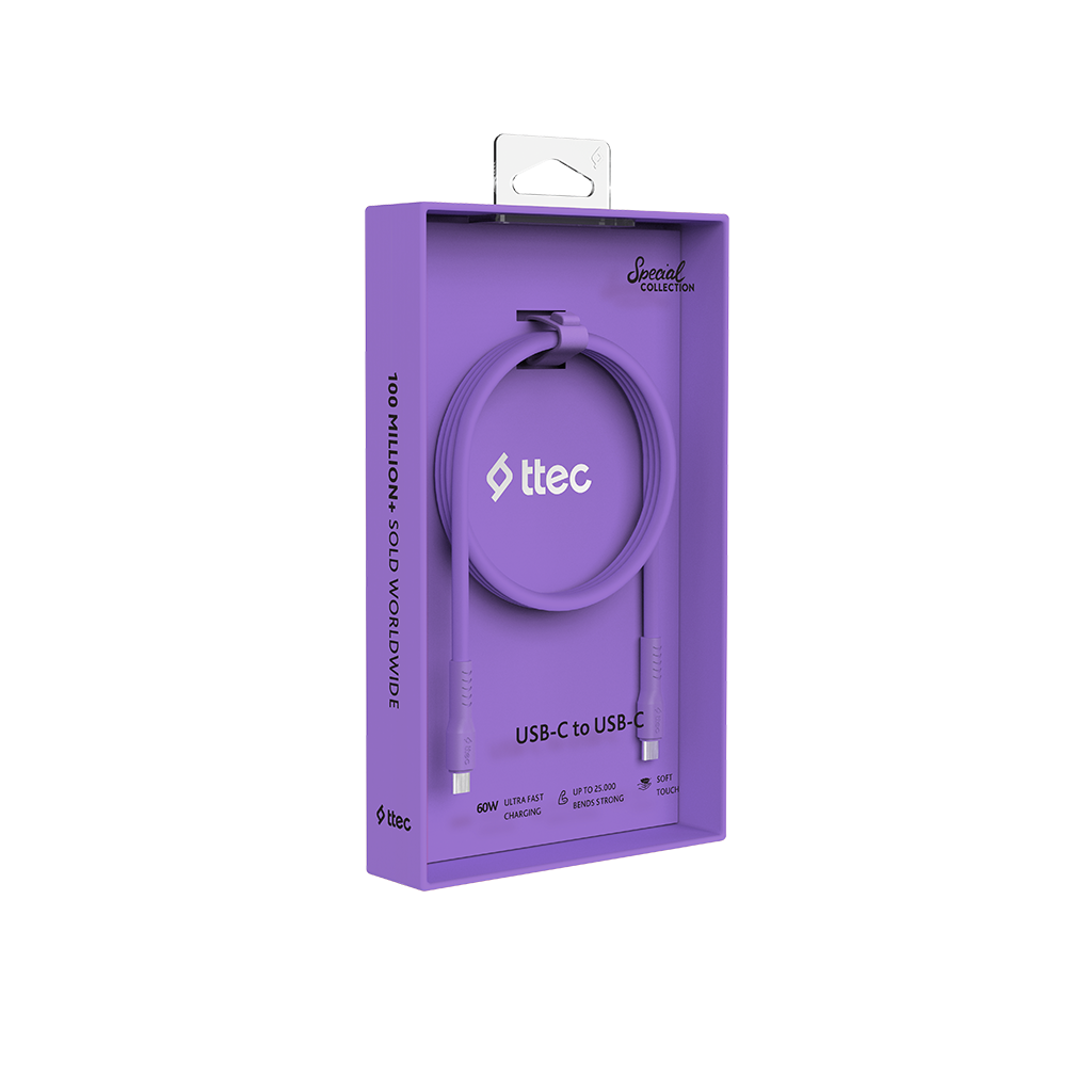 Mor Ttec USB-C - USB-C kablosu içeren mor kutu.