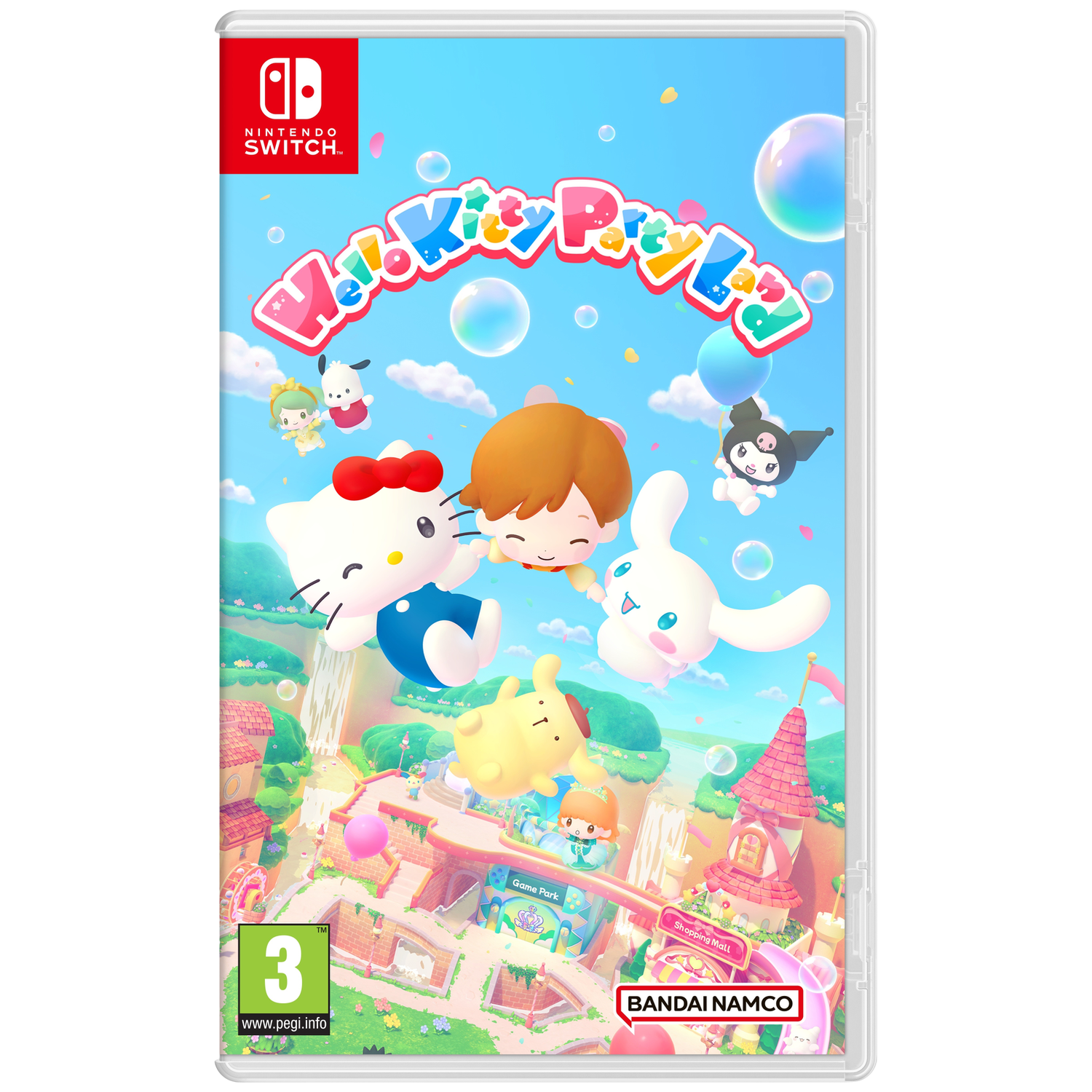 Hello Kitty en vrienden zweven boven een kleurrijke stad met bubbels.