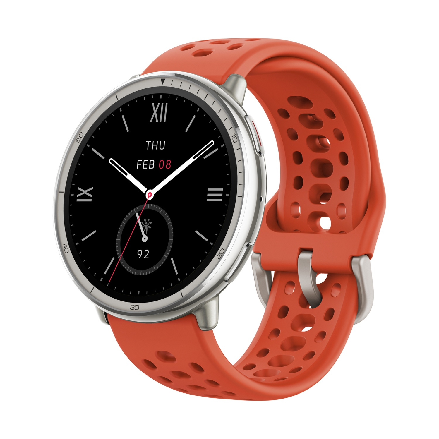 Uno smartwatch rotondo con quadrante nero, ghiera argentata e cinturino arancione traforato.