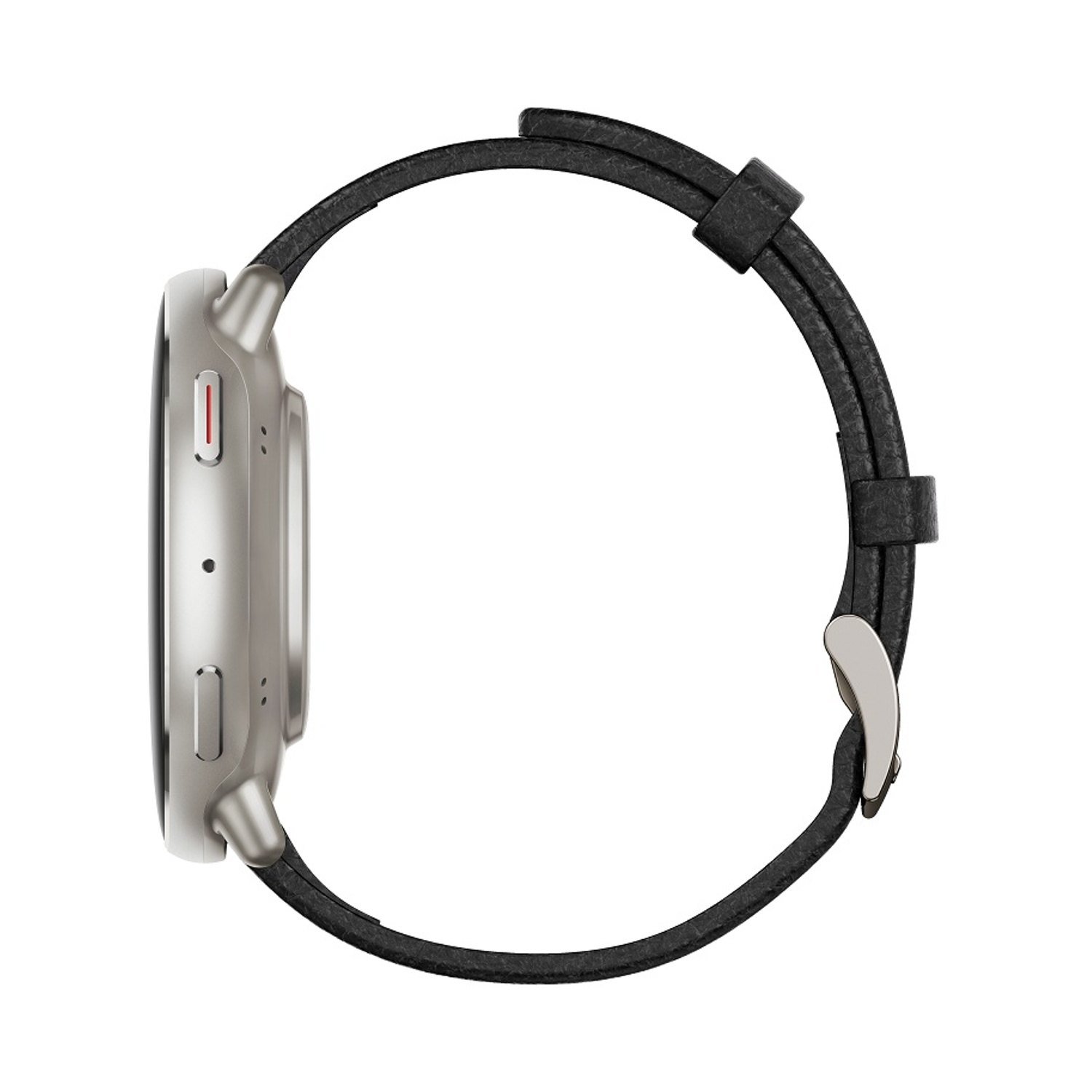 Smartwatch argentata con cinturino in pelle nera, vista laterale.