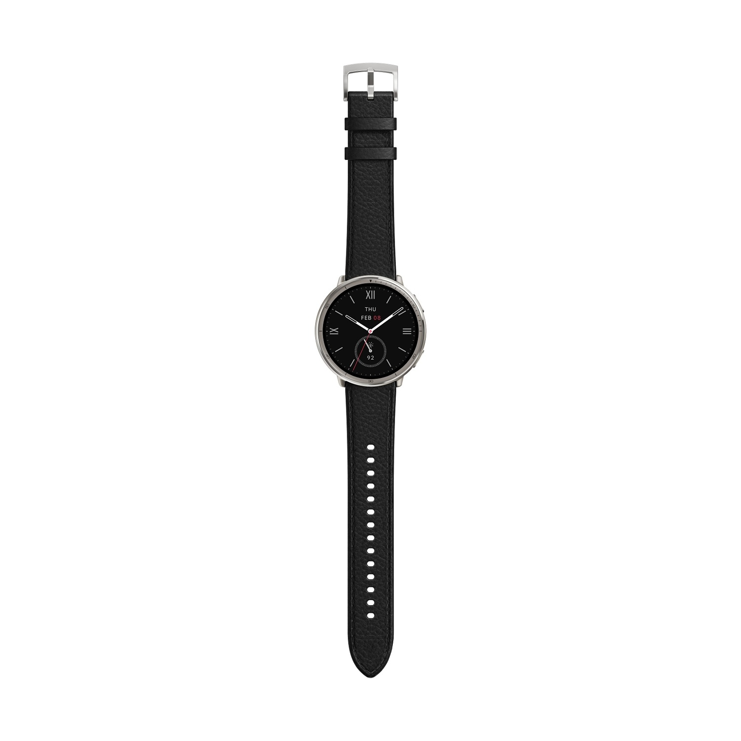 Un orologio con cinturino in pelle nera, cassa argentata e quadrante nero, visualizzato verticalmente.
