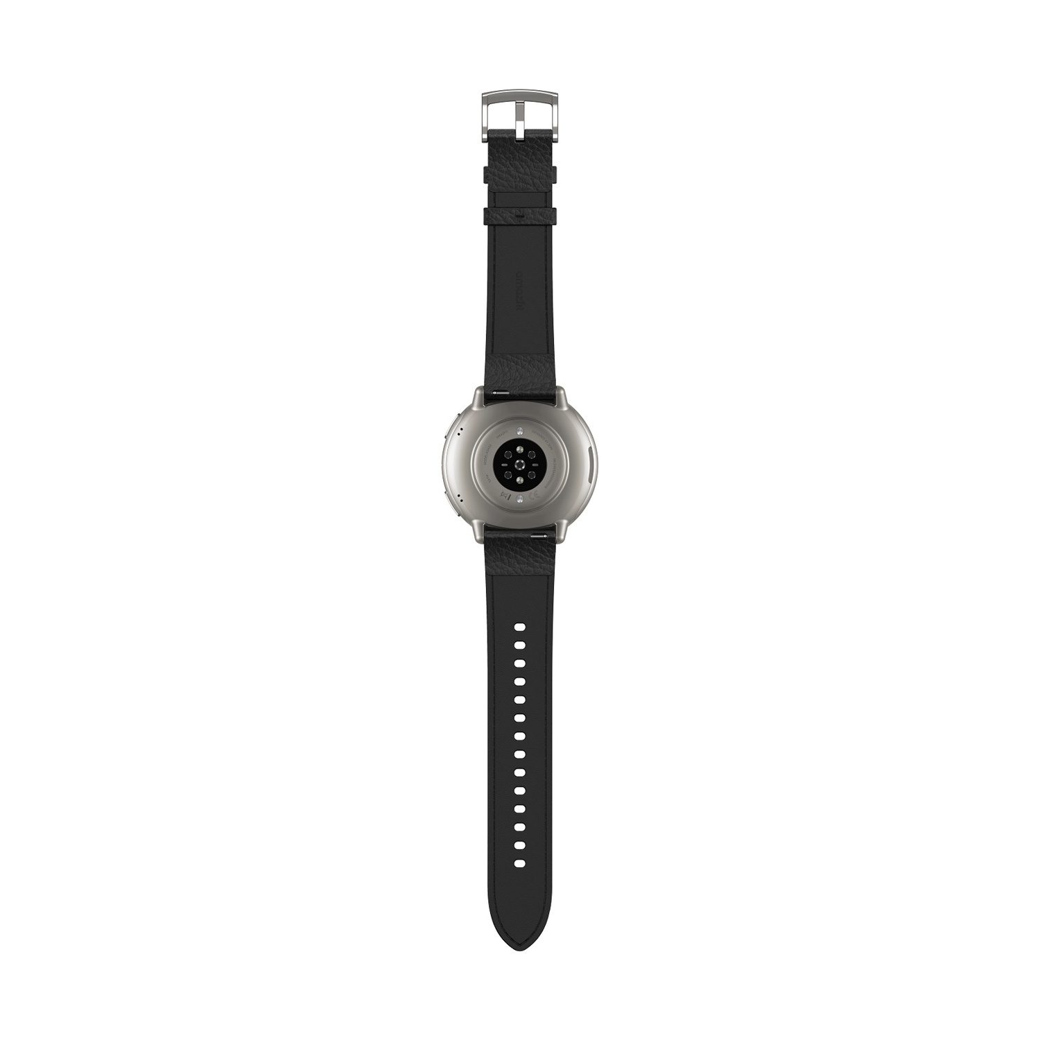 Vista posteriore di uno smartwatch con cinturino in pelle nera e fibbia.