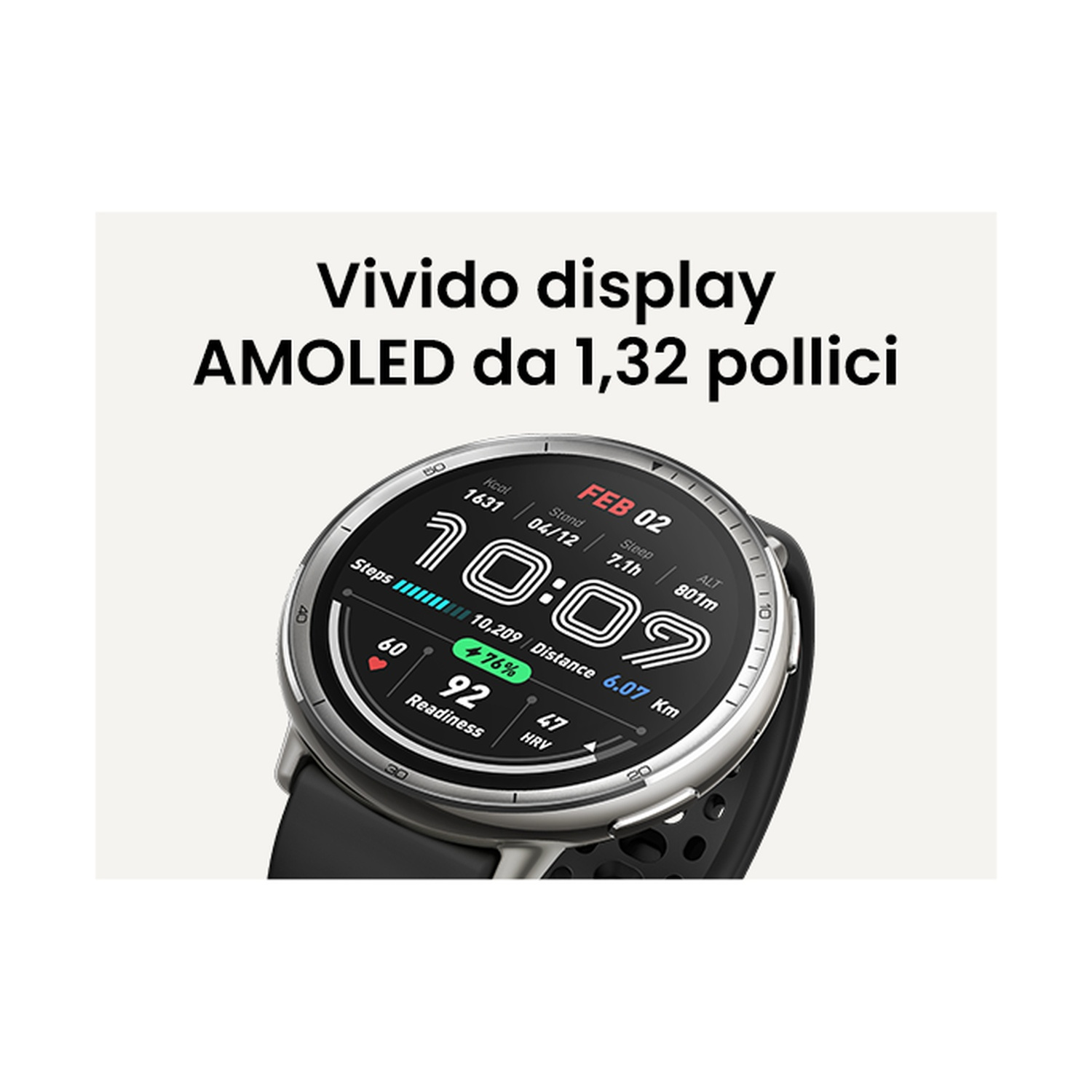 Primo piano di uno smartwatch con display AMOLED che mostra ora, data, passi e battito cardiaco.