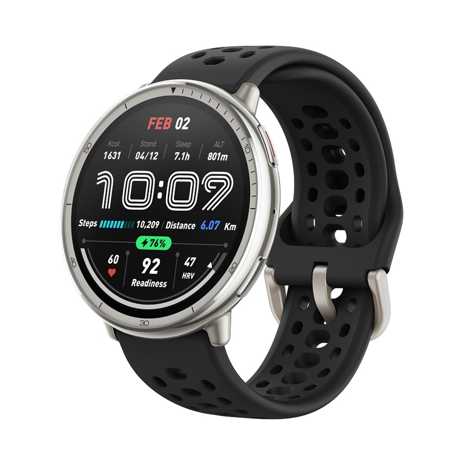 Uno smartwatch nero con ghiera argentata che mostra data e ora.
