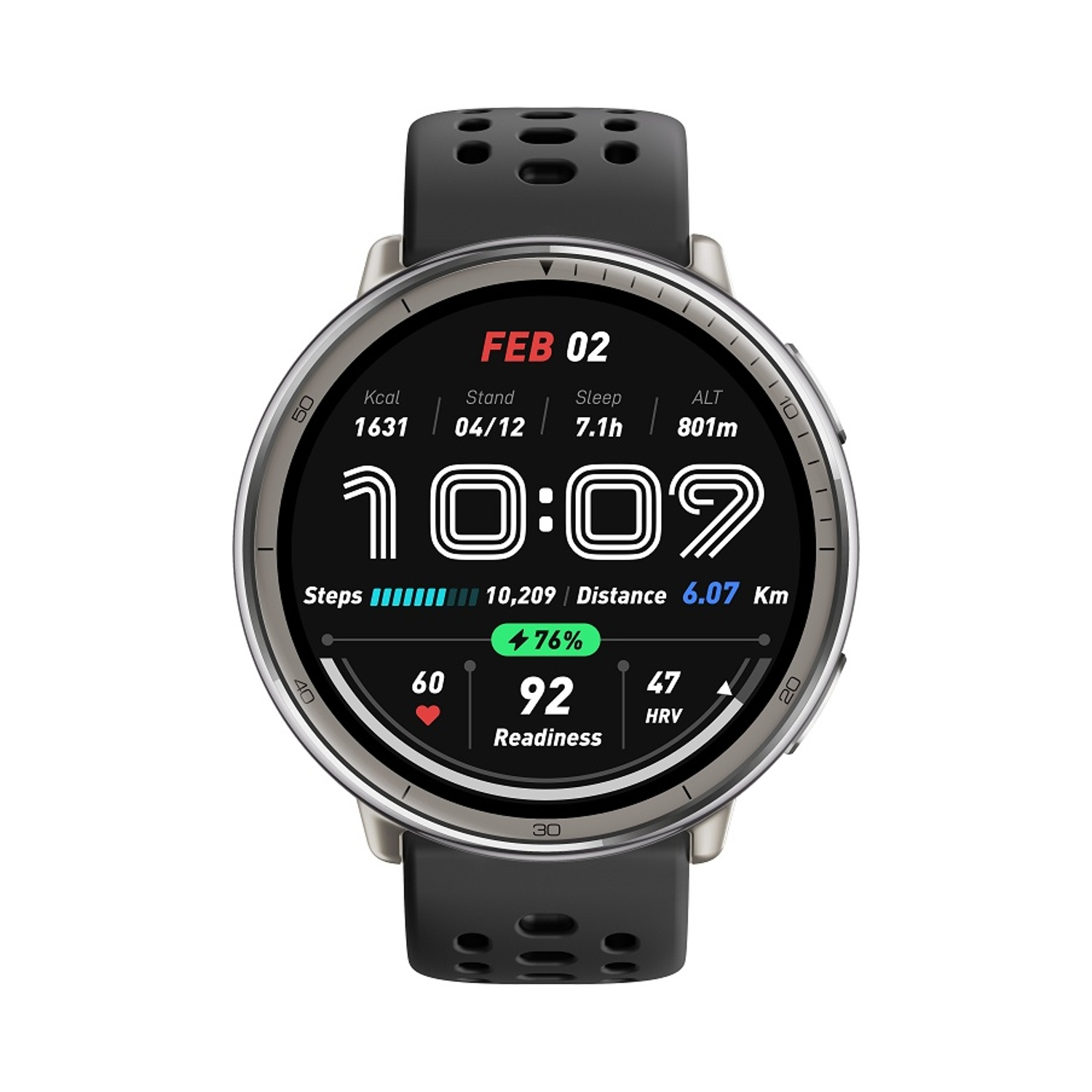 Uno smartwatch nero con ghiera argentata mostra il 2 feb, 10:09.