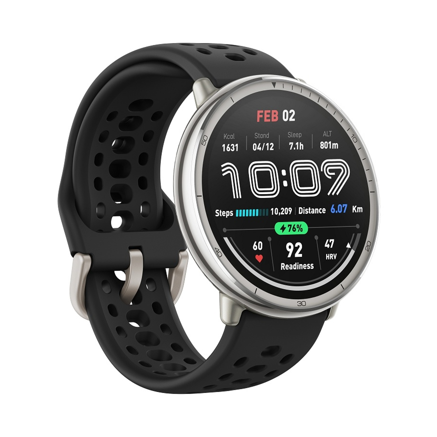 Uno smartwatch nero con cassa argentata su sfondo bianco.