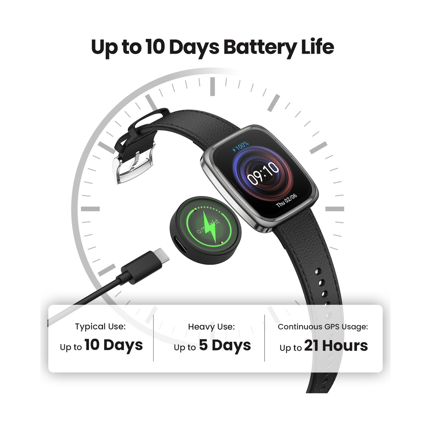 Uno smartwatch con cinturino in pelle nera, cavo di ricarica e unità di ricarica. Fino a 10 giorni di batteria.