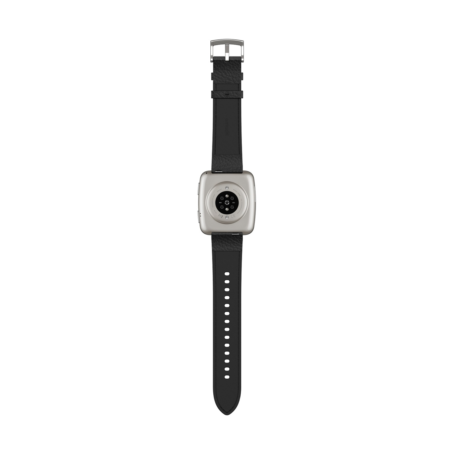Orologio smart argentato con cinturino in pelle nera, primo piano del retro.