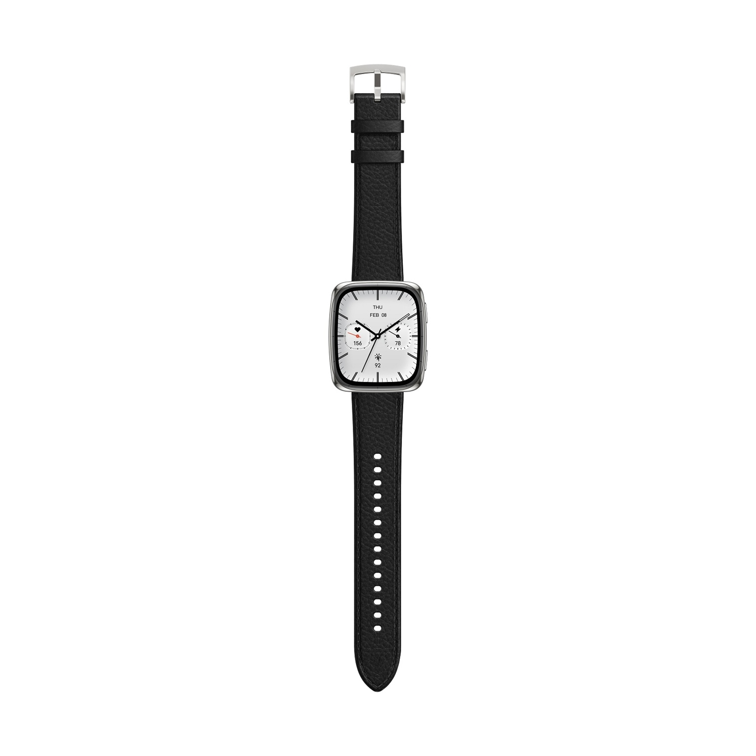 Uno smartwatch con cinturino in pelle nera e quadrante bianco.