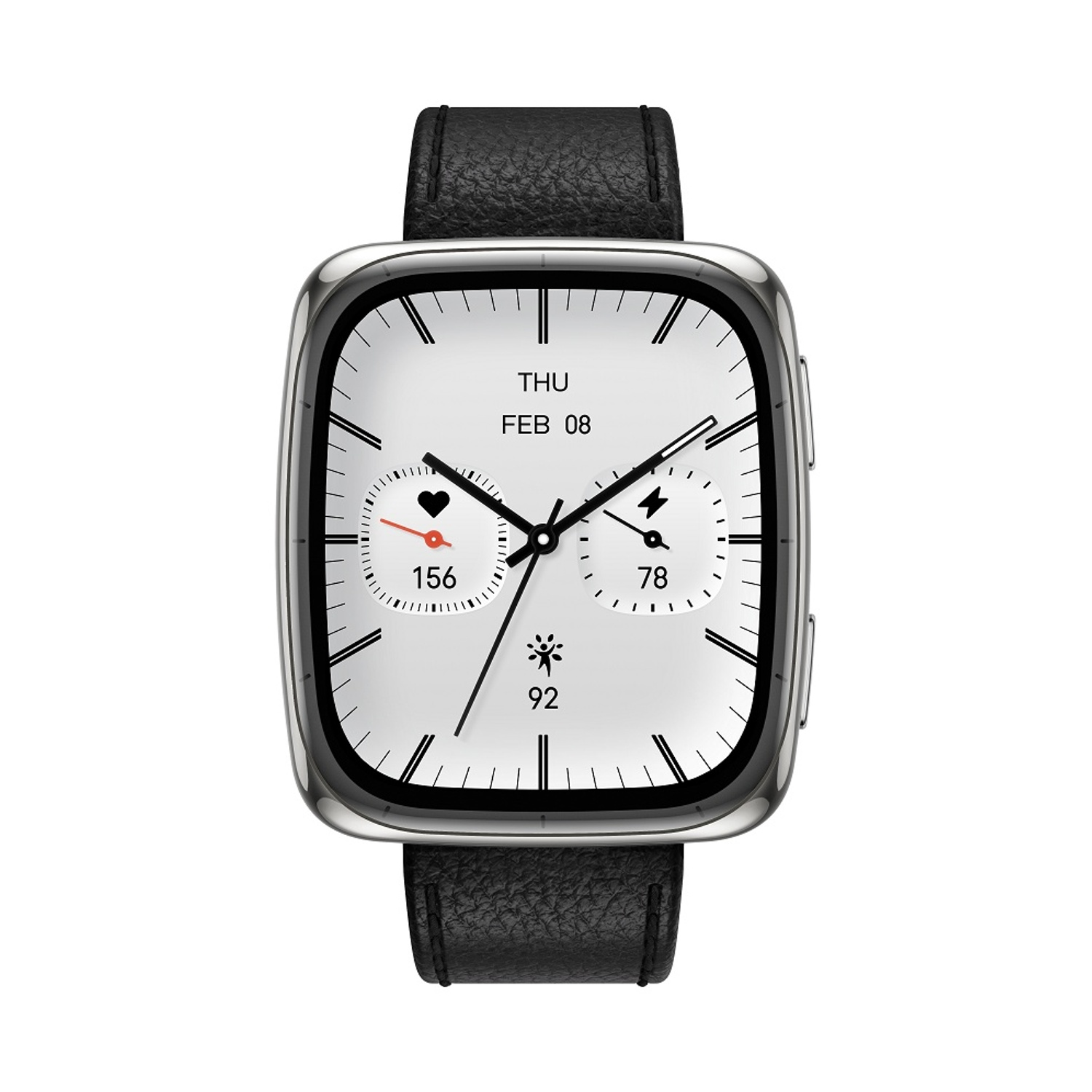 Uno smartwatch argentato con cinturino in pelle nera, che mostra giovedì 8 febbraio.