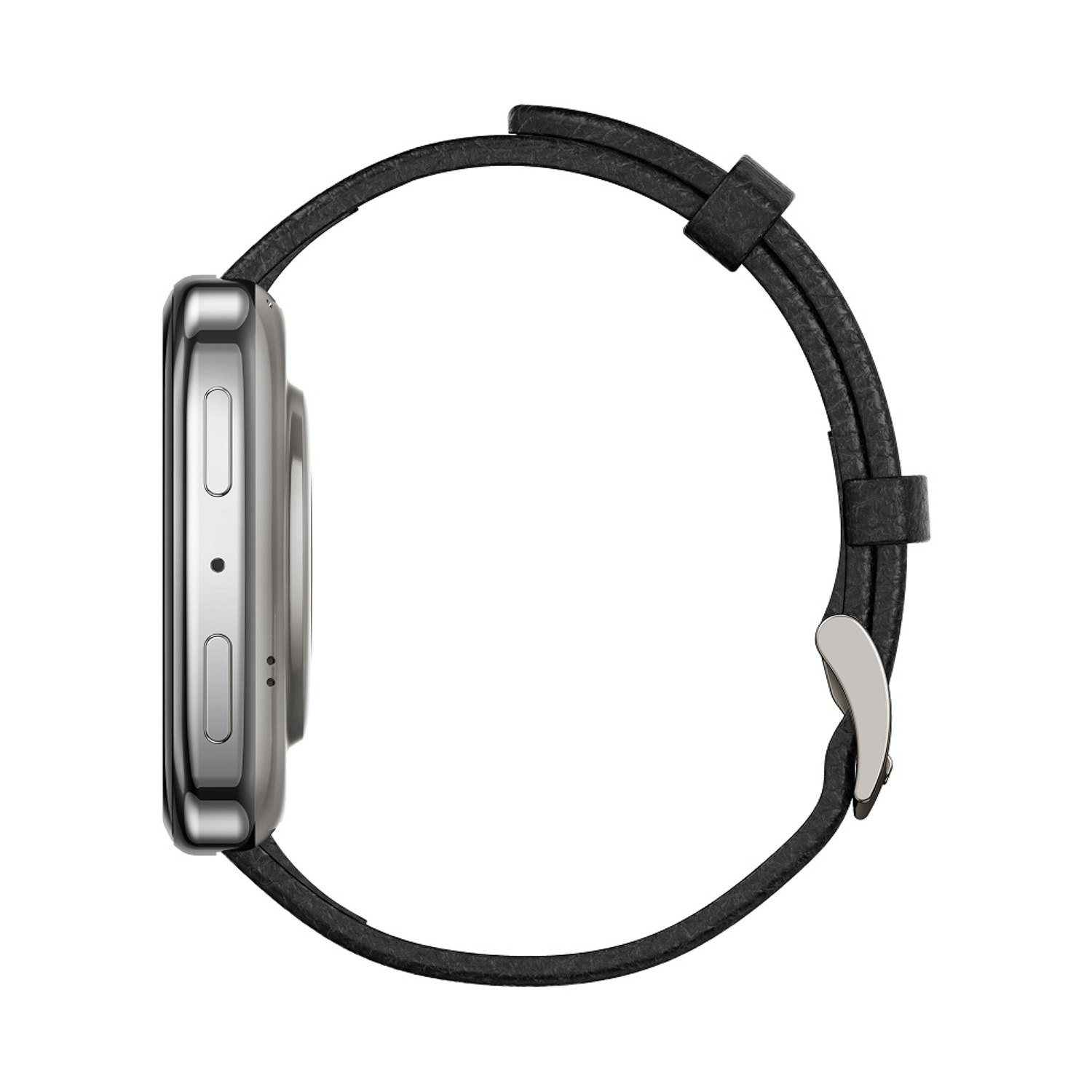 Orologio smart argentato con cinturino in pelle nera e fibbia argentata.