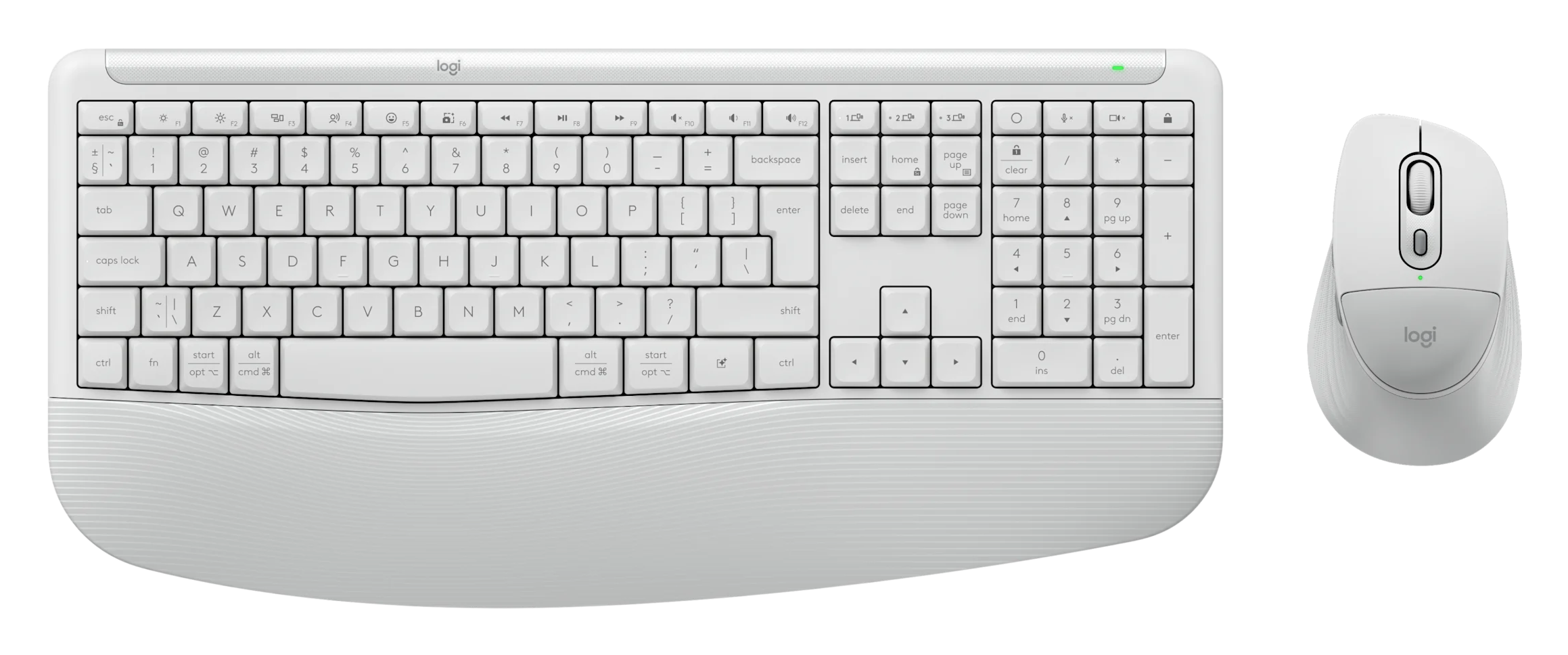 Biały bezprzewodowy zestaw klawiatury i myszy Logitech na czarnym tle.