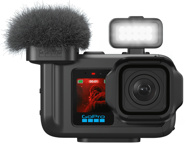 Egy fekete GoPro kamera mikrofonnal és LED-fénnyel.