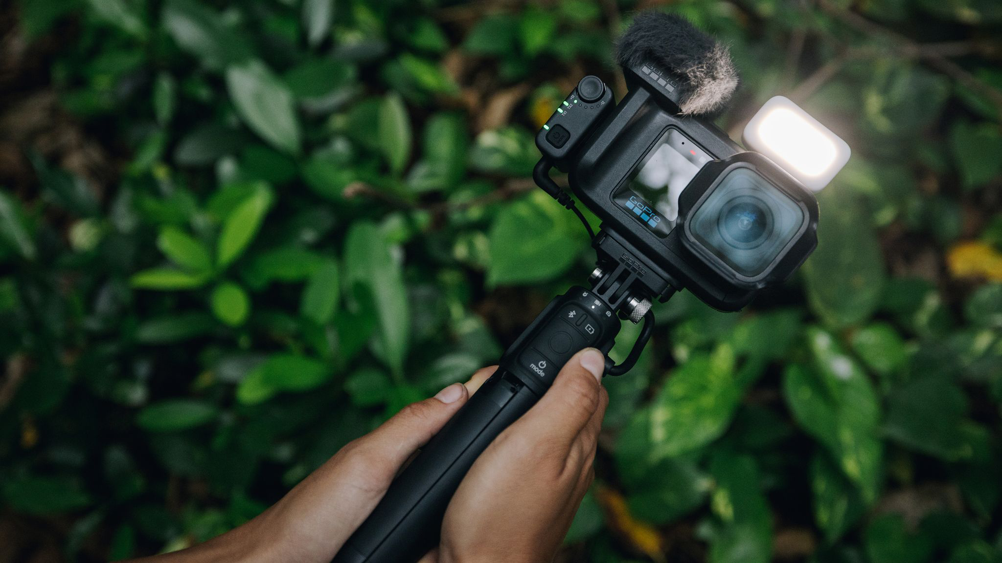 Egy GoPro kamera mikrofonnal és világítással, kezek tartják zöld lomb előtt.