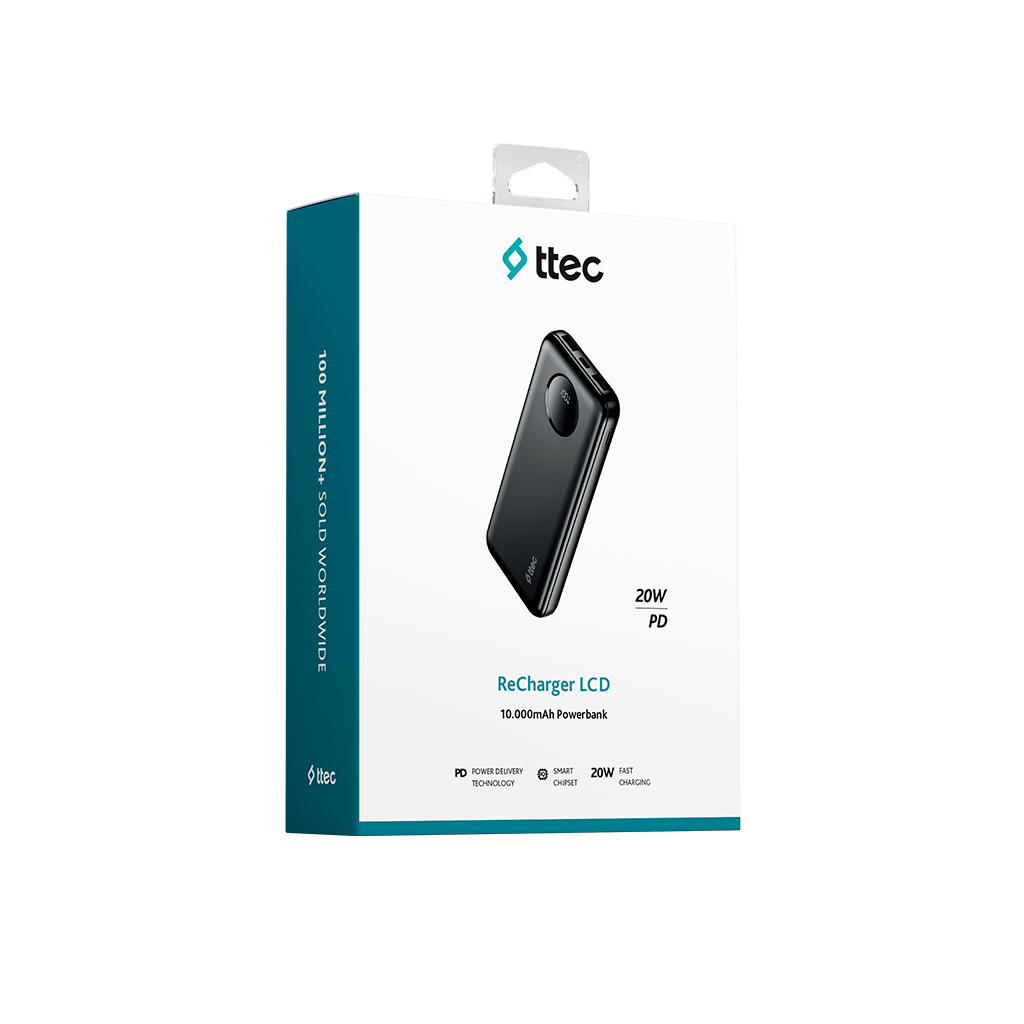 20W PD'li siyah 10.000 mAh ttec powerbank kutusu.