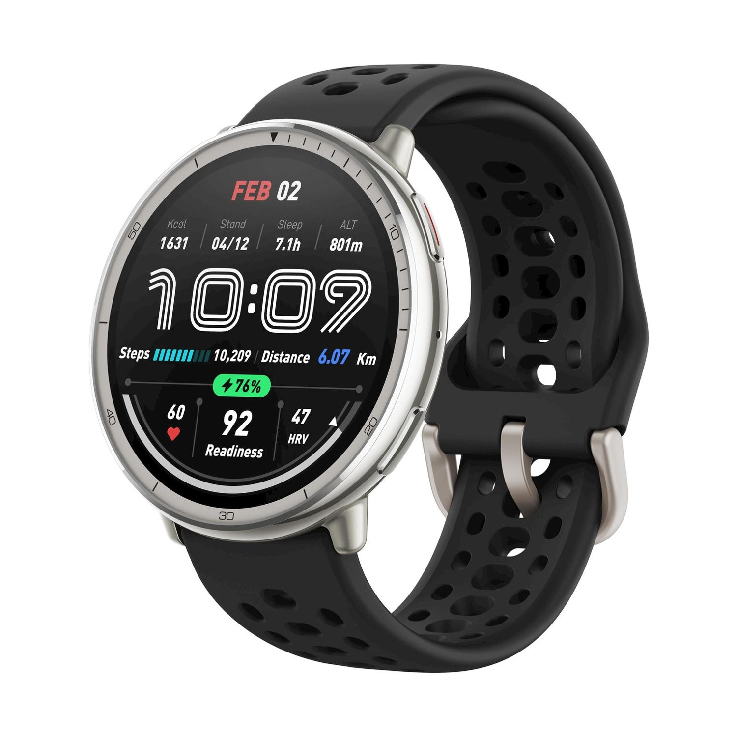 Uno smartwatch con cinturino nero mostra 2 feb, 10:07, 10.209 passi, 6,07 km.