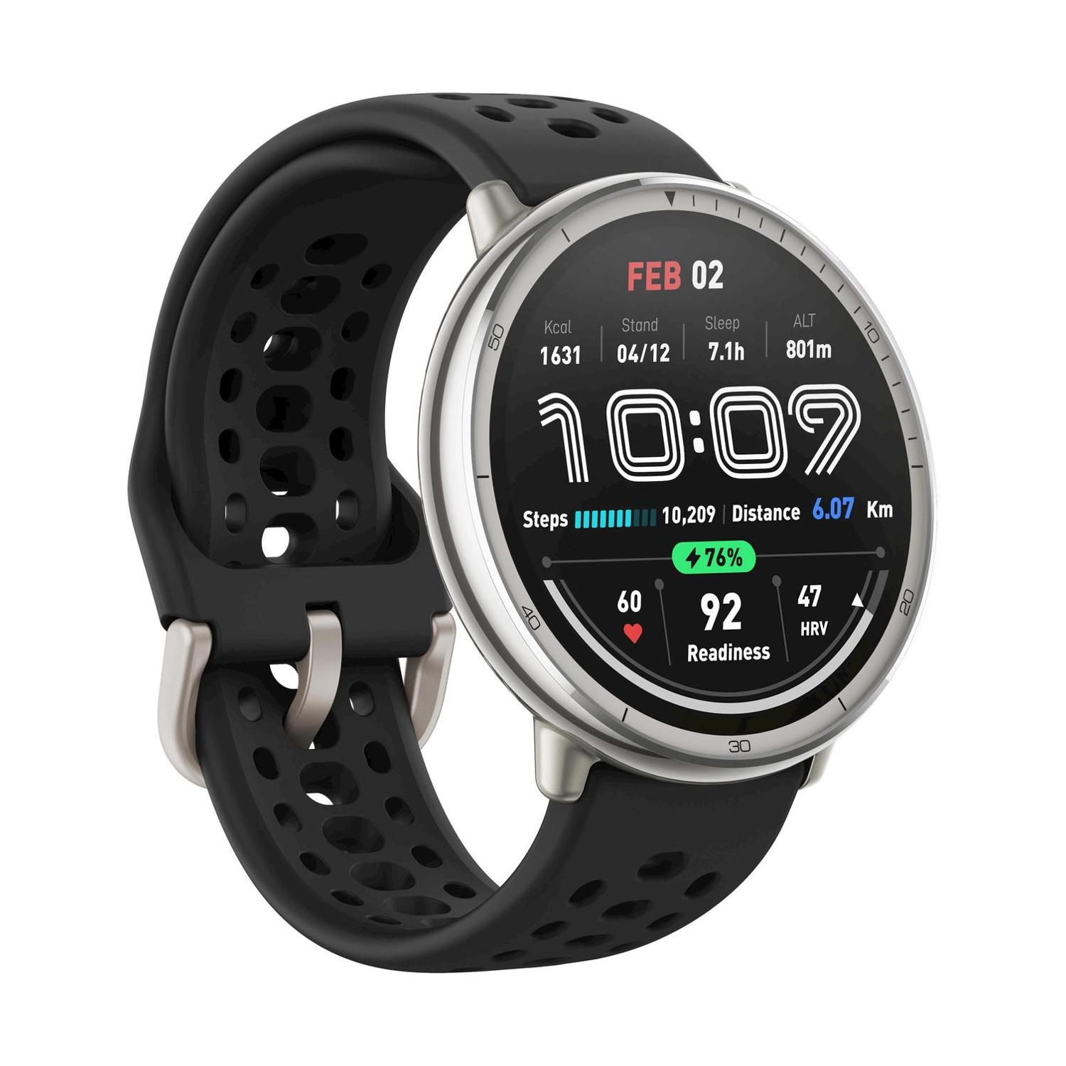 Uno smartwatch nero con ghiera argentata mostra ora, data e statistiche di fitness.