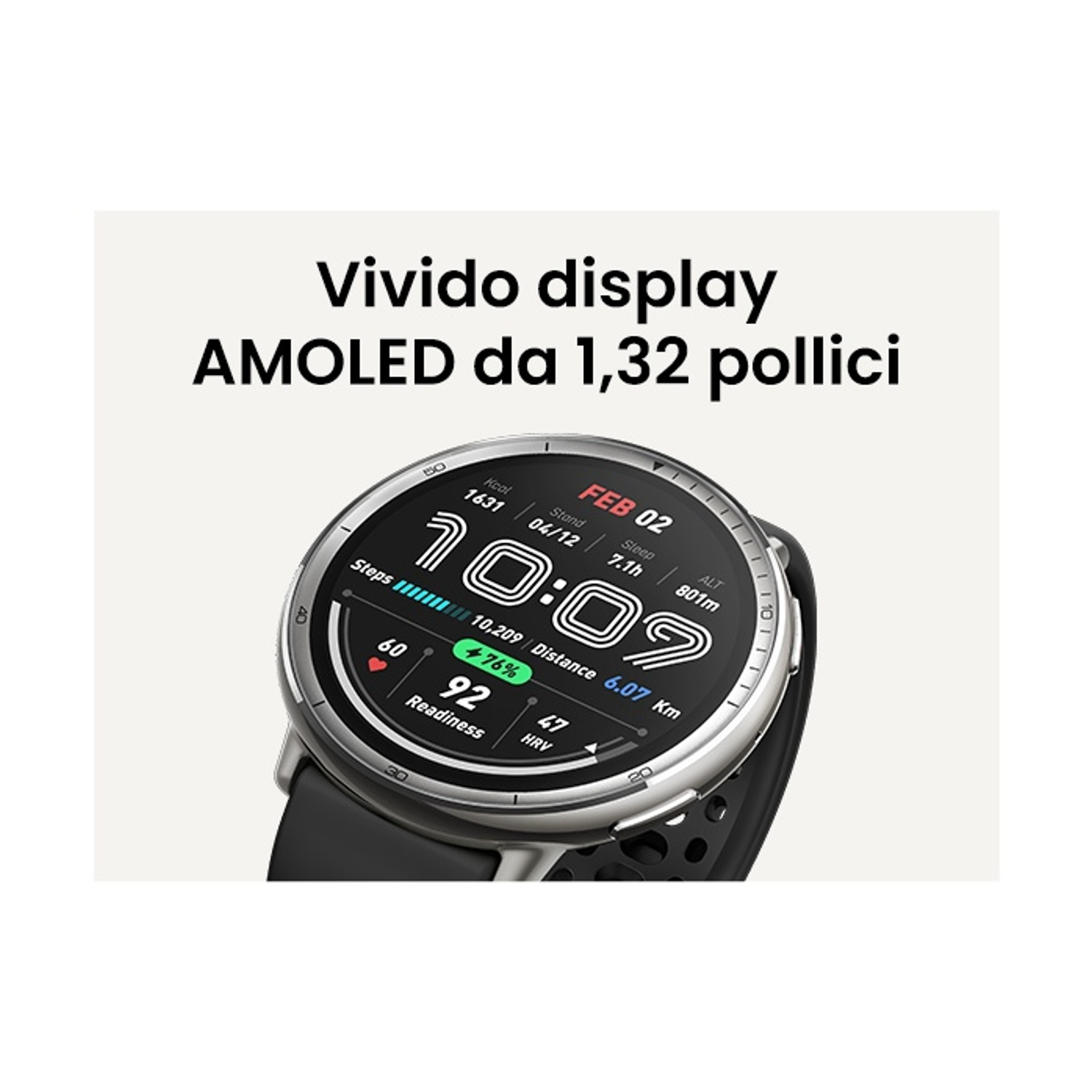 Uno smartwatch con display AMOLED mostra ora, data, passi, distanza e battito cardiaco.