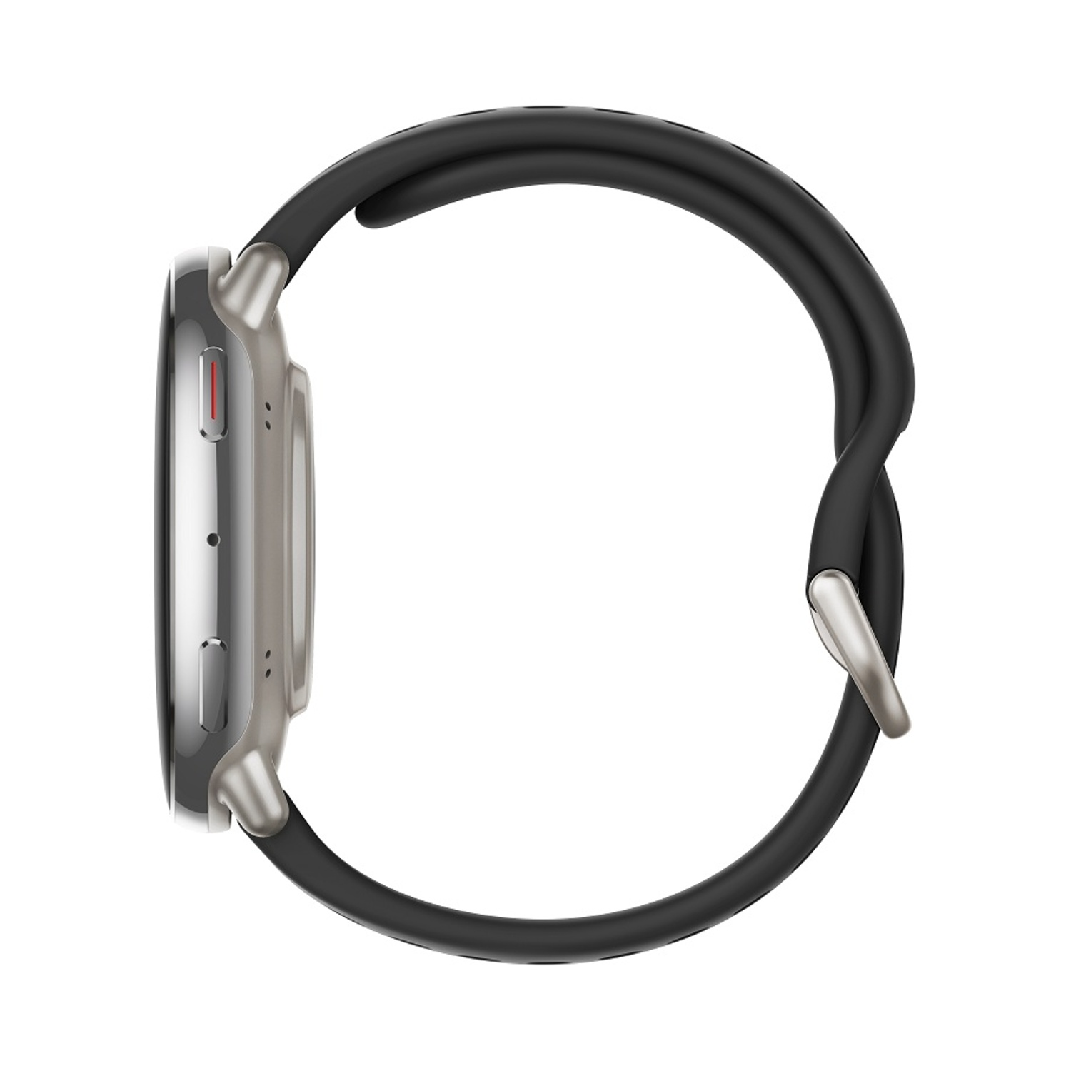 Primo piano di uno smartwatch argentato con cinturino nero su sfondo bianco.