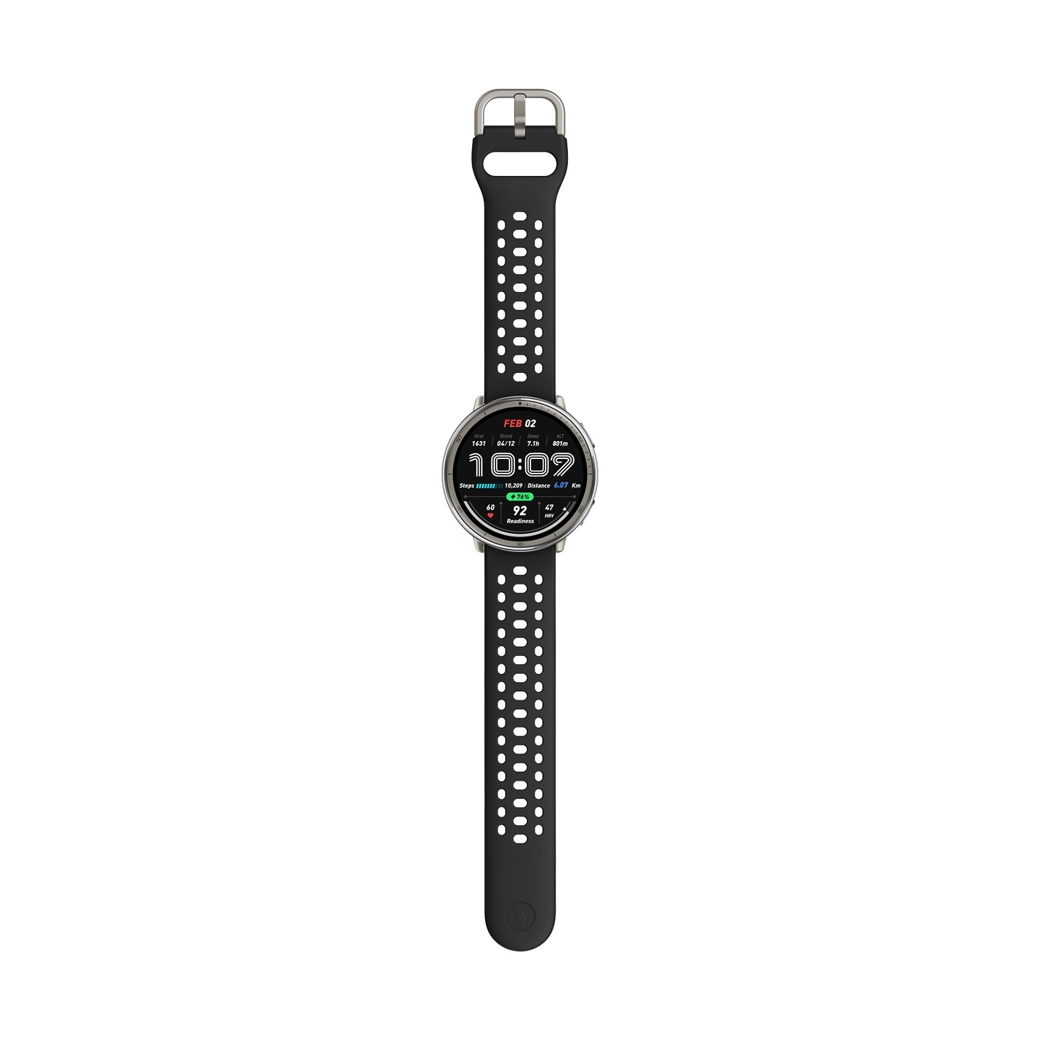 Uno smartwatch nero con cassa argentata e cinturino traforato.