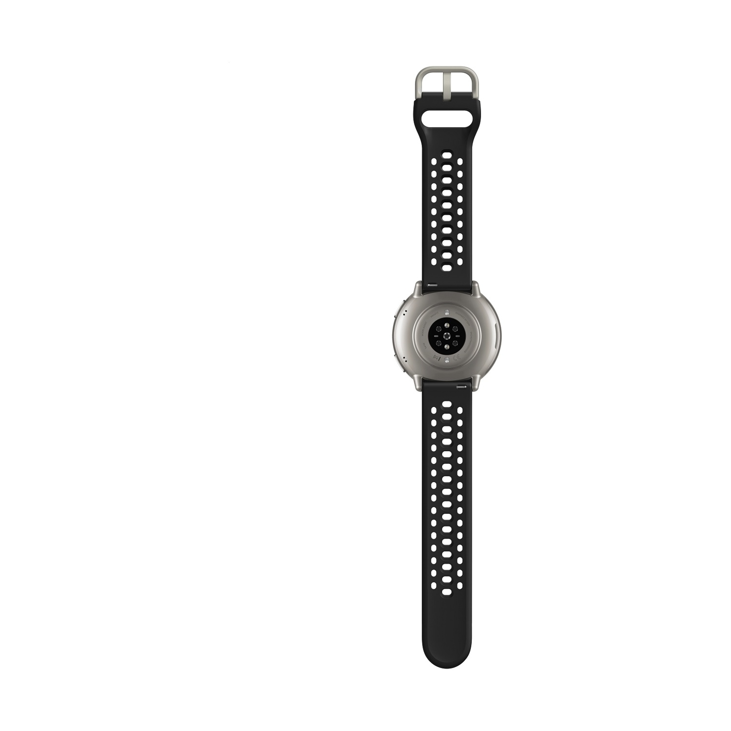 Smartwatch argentato con cinturino nero traforato e fibbia metallica.