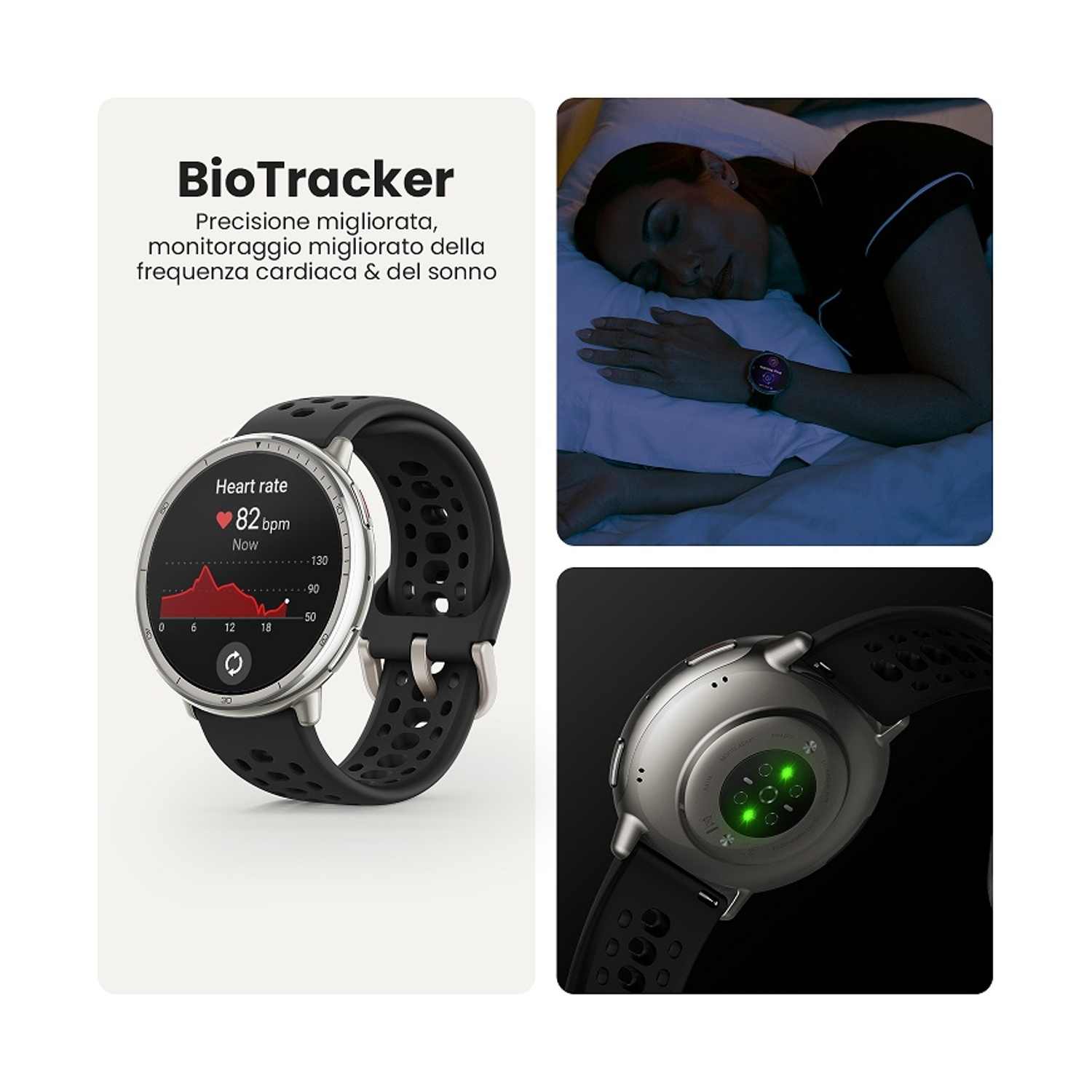 Smartwatch con display battito cardiaco, donna che dorme, retro con luci verdi.