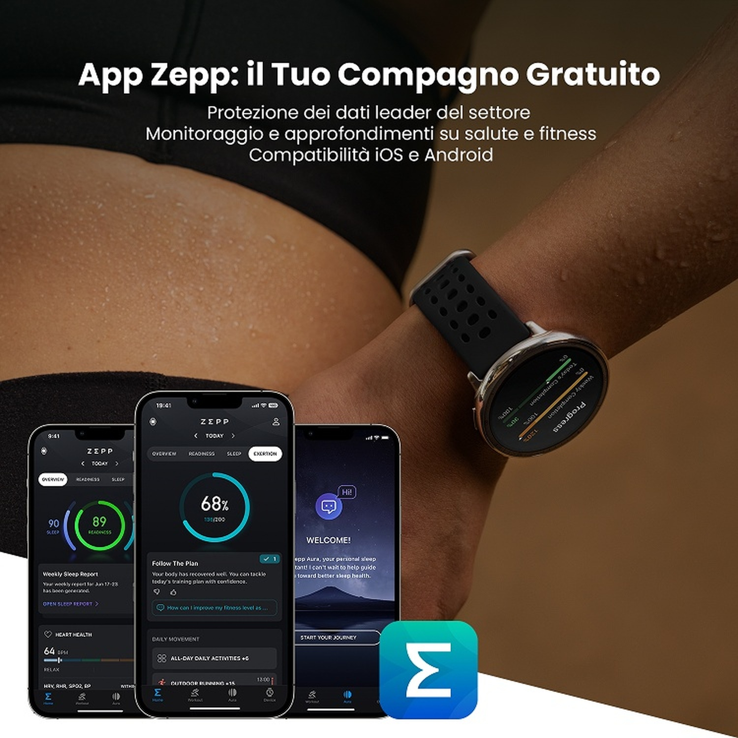 Smartwatch e smartphone mostrano l'app Zepp con dati sulla salute.