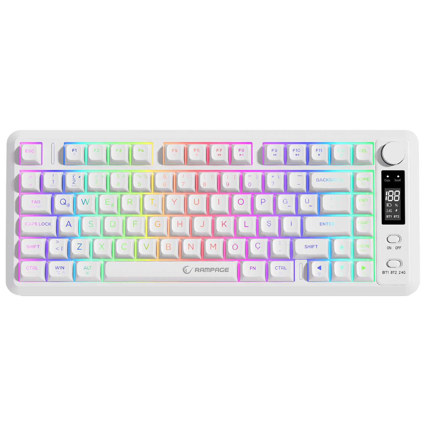 RGB tuş aydınlatmalı ve dijital ekranlı beyaz, kablosuz Rampage oyuncu klavyesi.