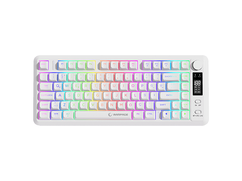 RAMPAGE RM-K87 Zeron Beyaz 2.4G + BT Wireless RGB Aydınlatmalı Q 75 Membrane Gaming Oyuncu Klavye