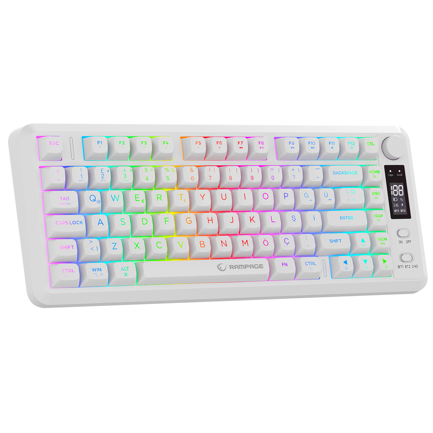Sağ üstte dijital ekrana sahip beyaz bir RGB klavye.