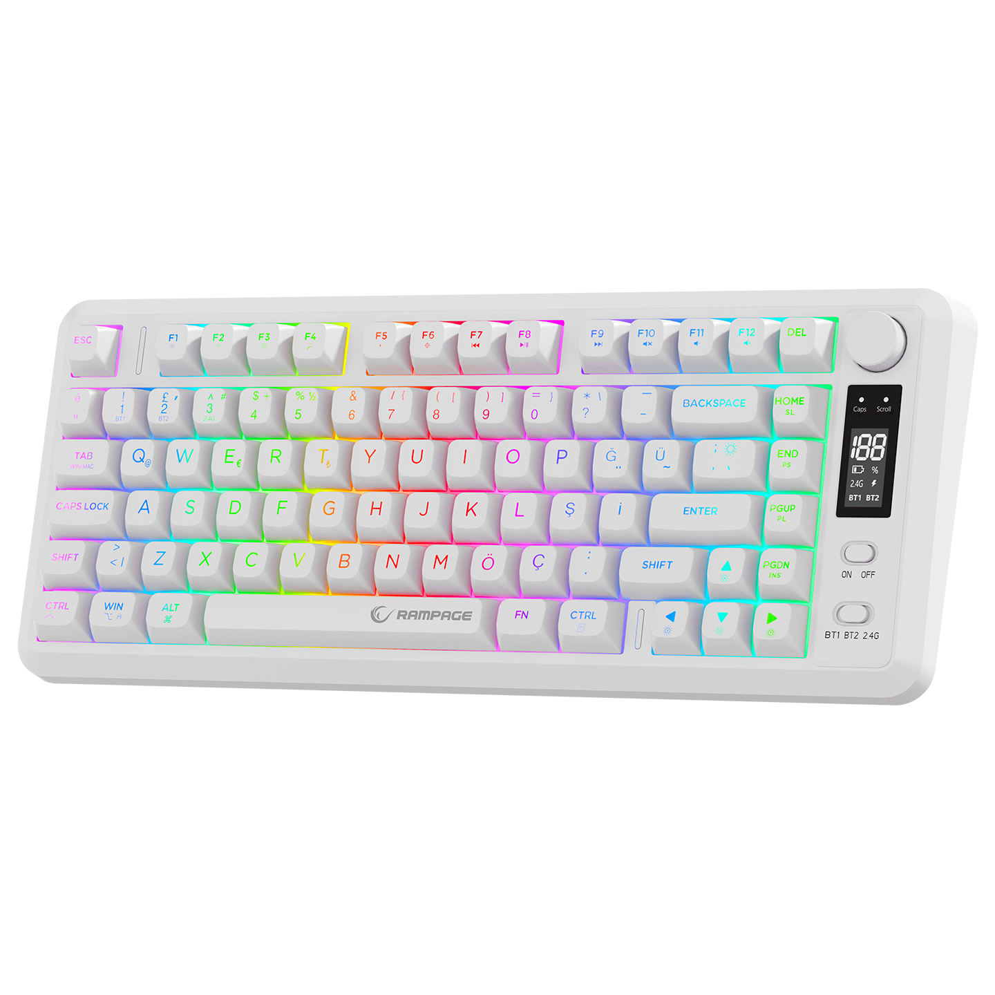 RGB arka aydınlatmalı ve küçük dijital ekrana sahip beyaz bir Rampage kablosuz klavye.