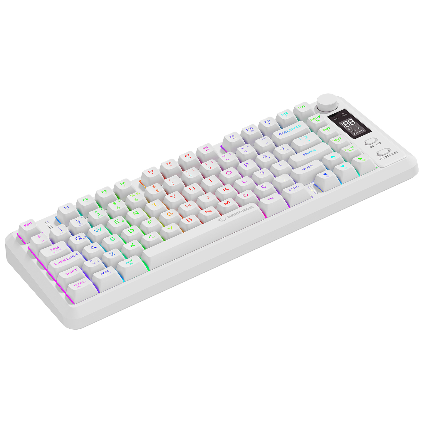 Sağ üstte küçük ekranı ve RGB aydınlatmalı beyaz mekanik klavye.