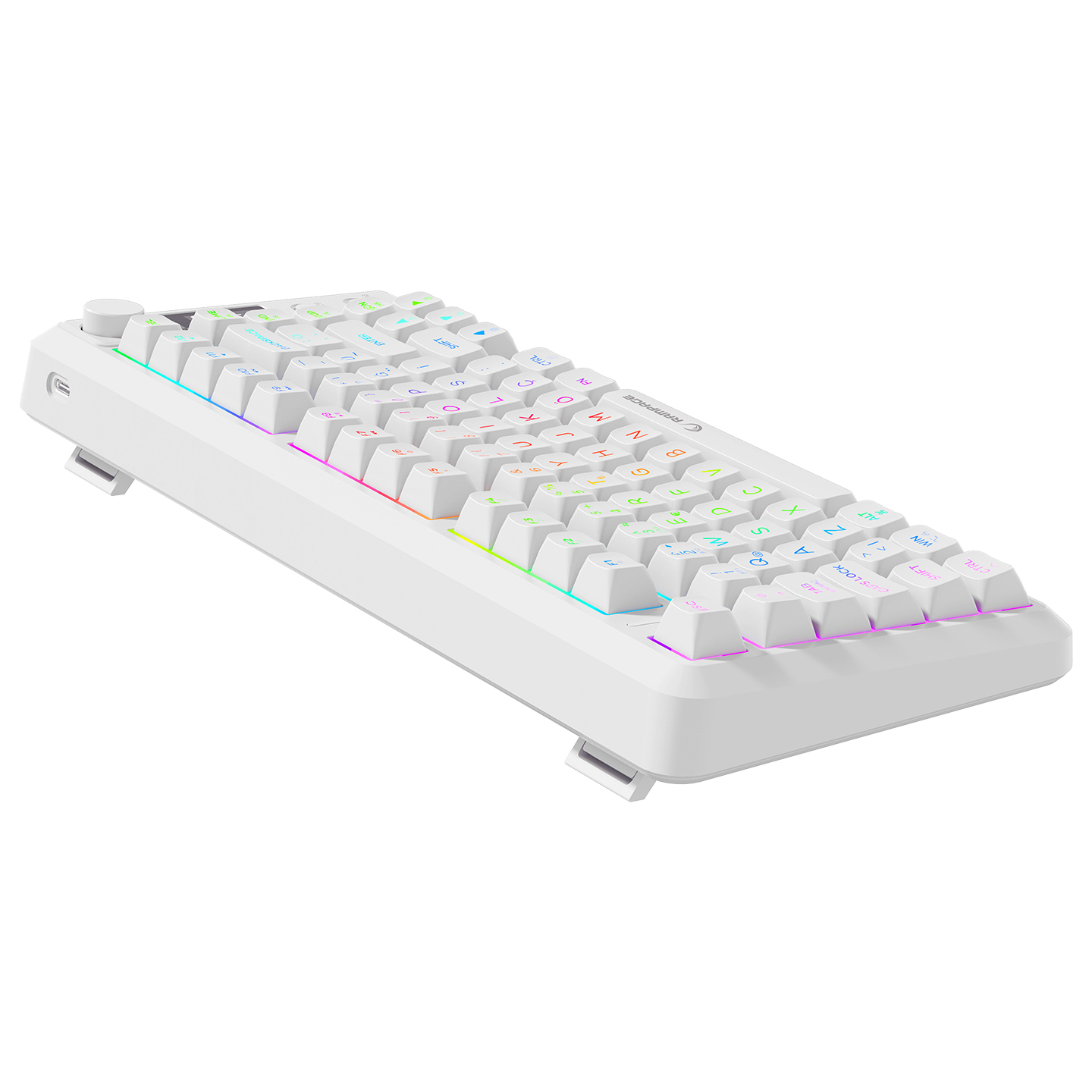 Tuşlarda RGB aydınlatmalı beyaz mekanik klavye. Kompakt bir düzene sahiptir.