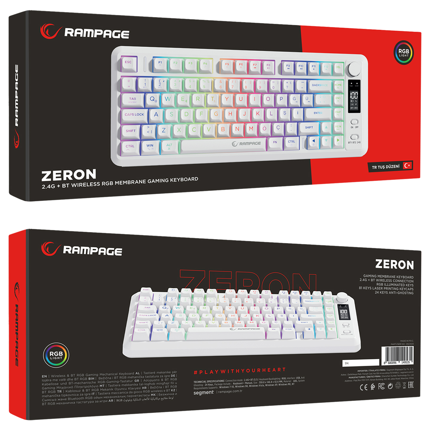 "ZERON" logolu beyaz RGB oyuncu klavyesi ve Türkçe tuş takımı.