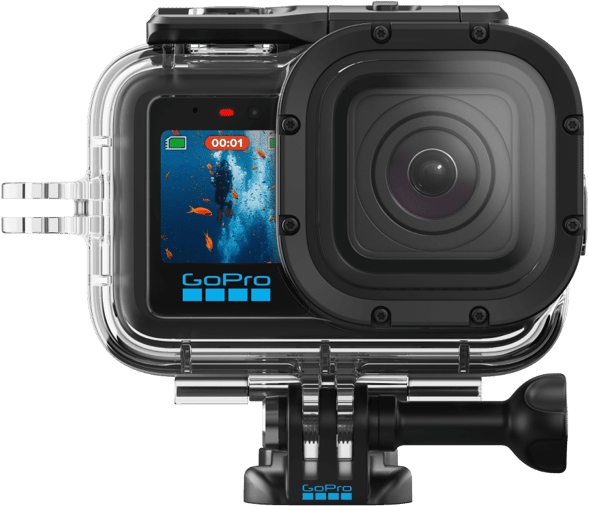 Fekete GoPro vízálló tokban, képernyőn búvár és halak. Tartón rögzítve.