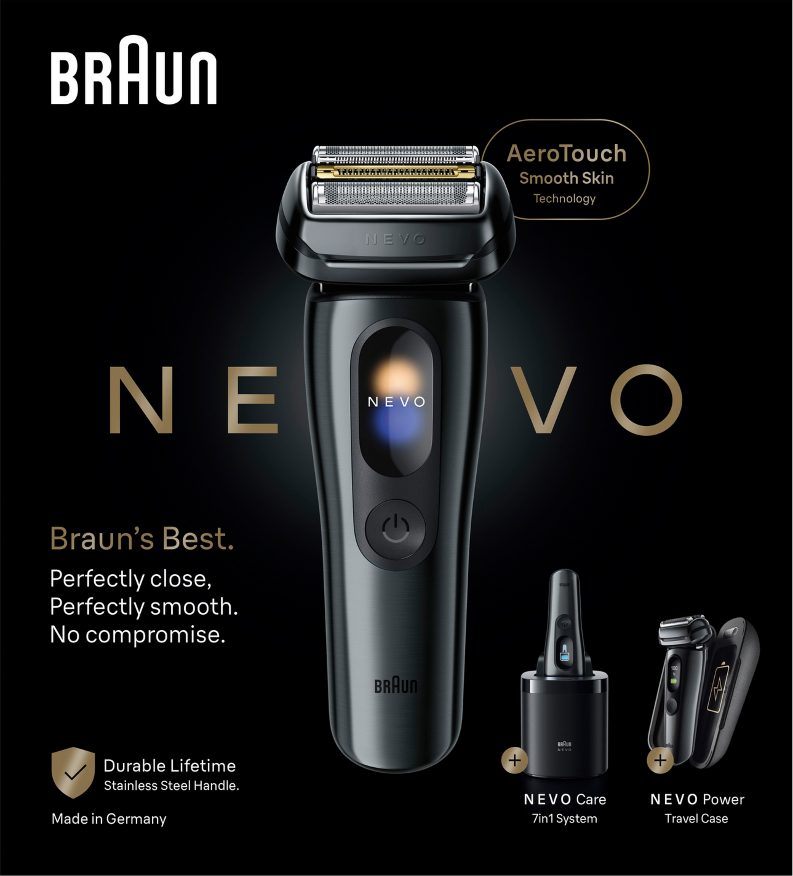 Ein Braun Rasierer mit AeroTouch Technologie, Ladeeinheit und Reiseetui.