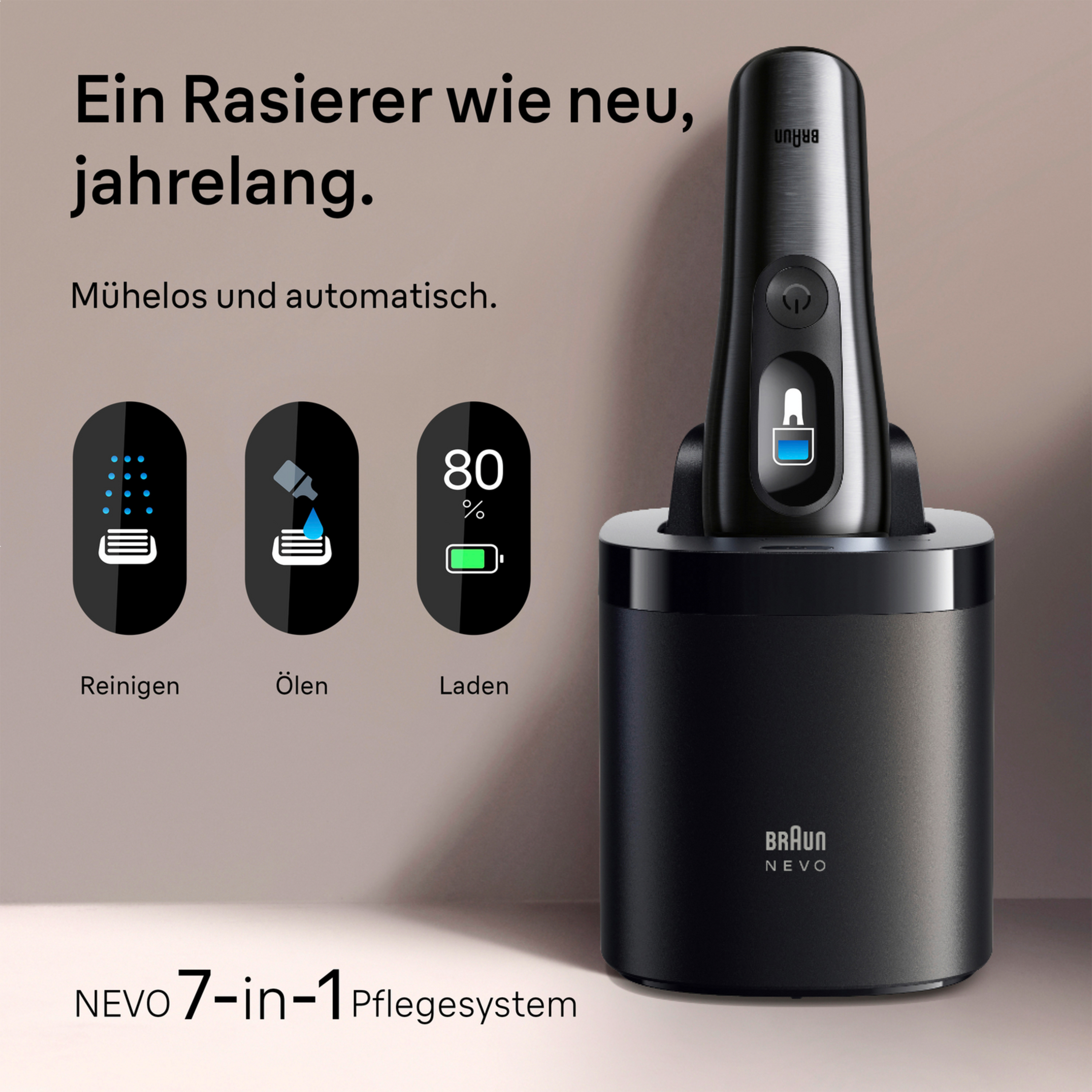 Ein schwarzer Braun Rasierer in Ladestation mit Icons für Reinigen, Ölen und Laden.