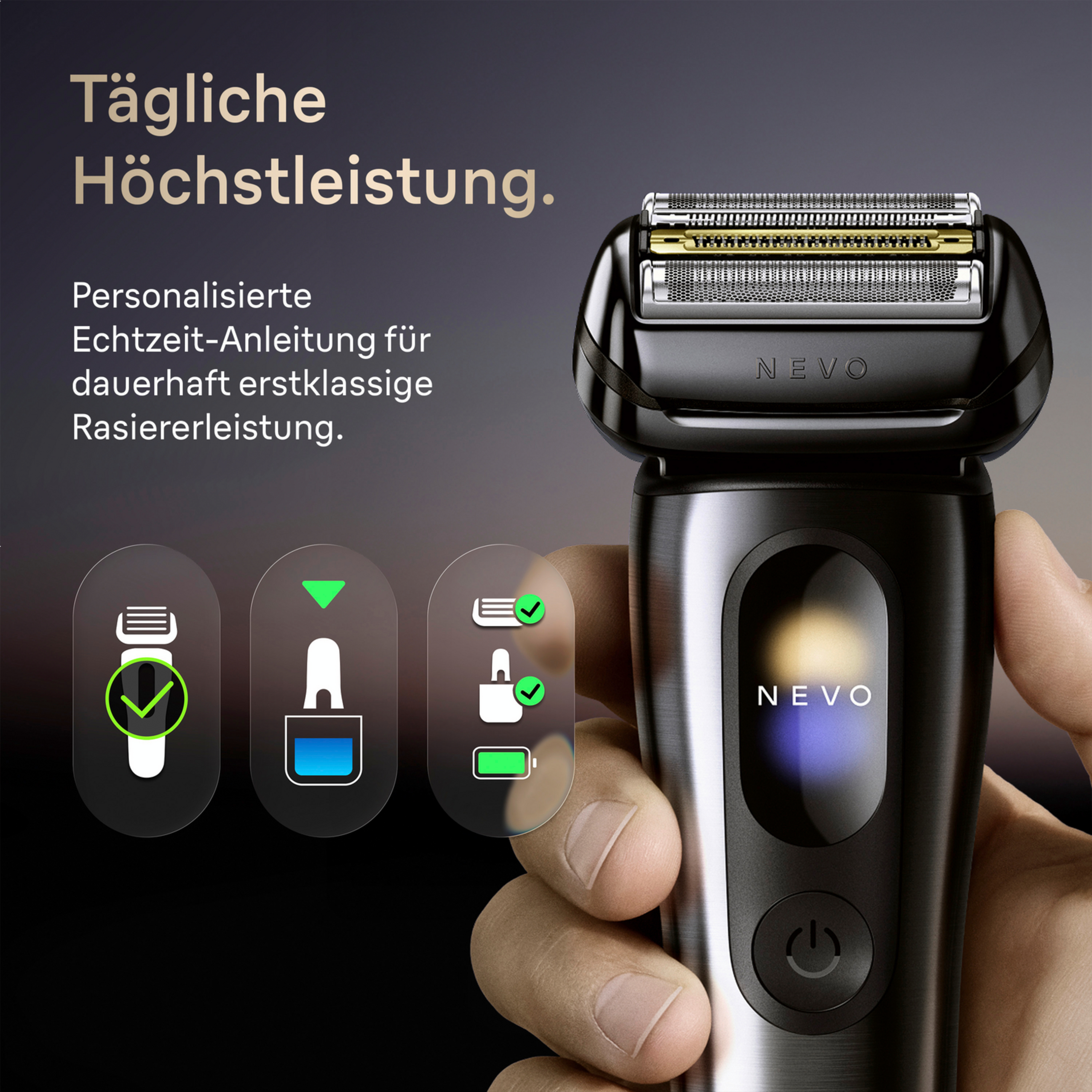 Ein Mann hält einen schwarzen NEVO Rasierer mit drei Symbolen für Akku, Reinigung und Leistung.