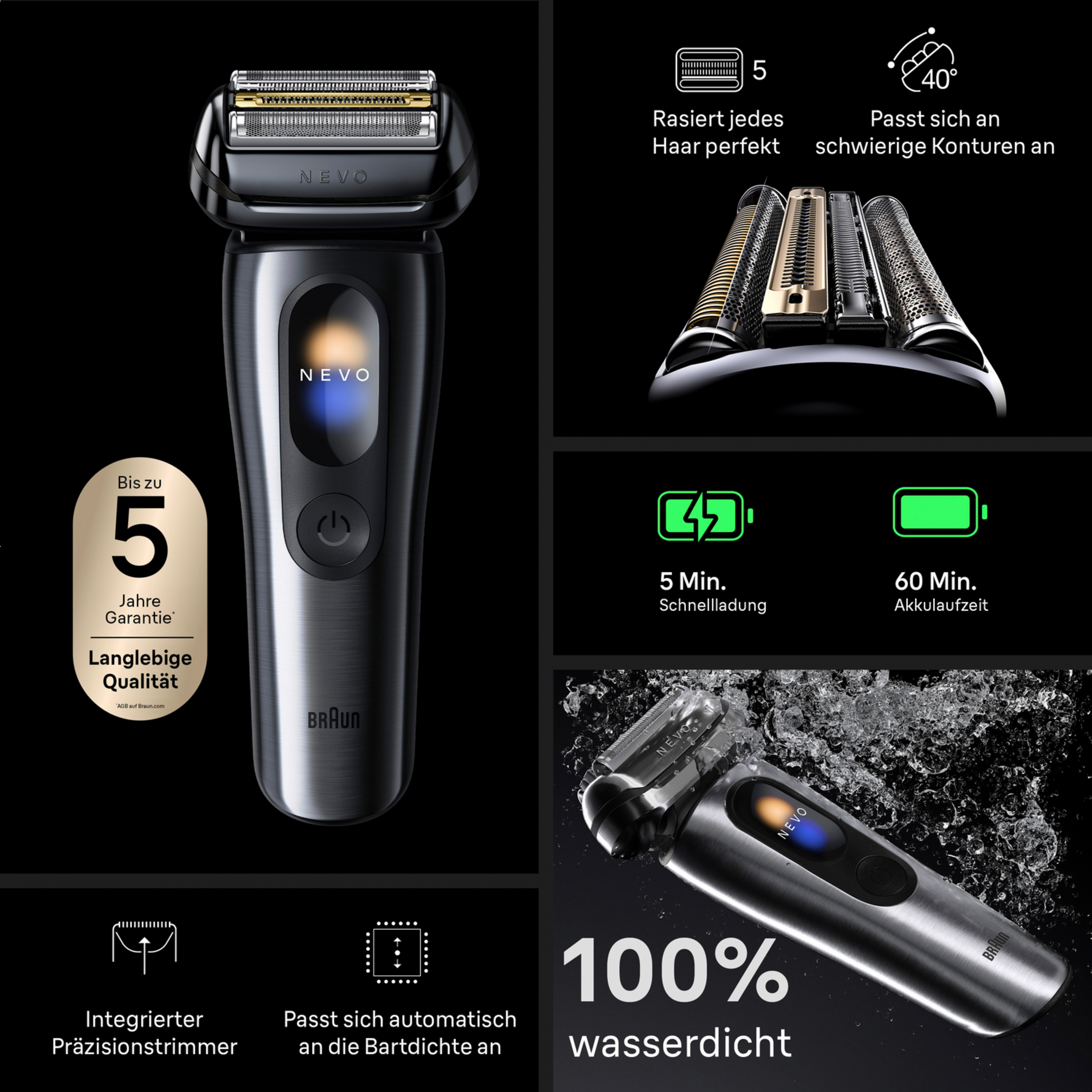 Braun Rasierer mit 5 Jahren Garantie, 40° Flexkopf, Schnellladung und 100% Wasserdichtigkeit.